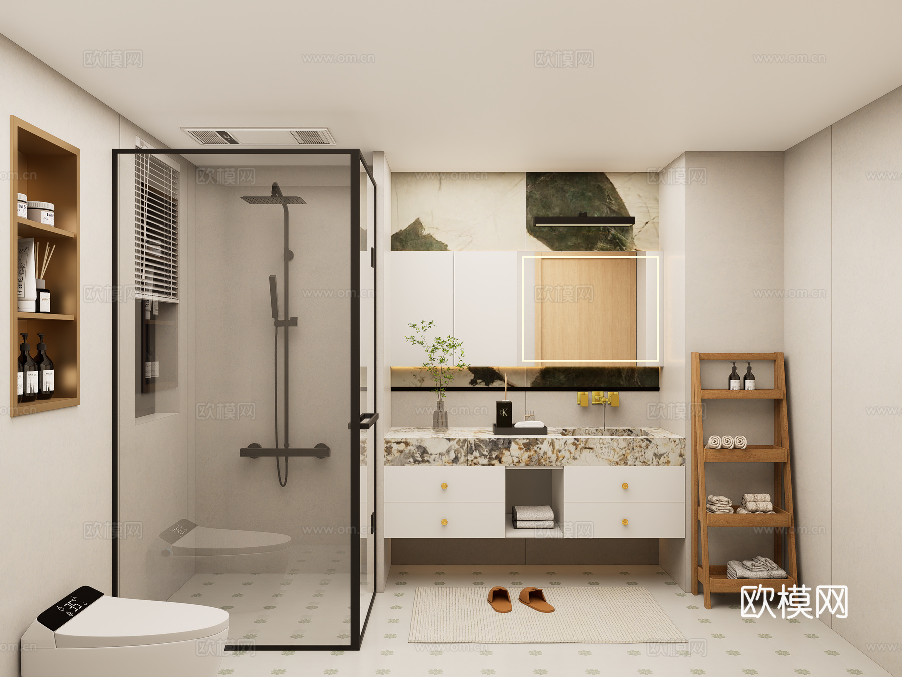 现代卫生间 干湿分离卫生间 成品洗手台 座便器 淋浴隔断su模型