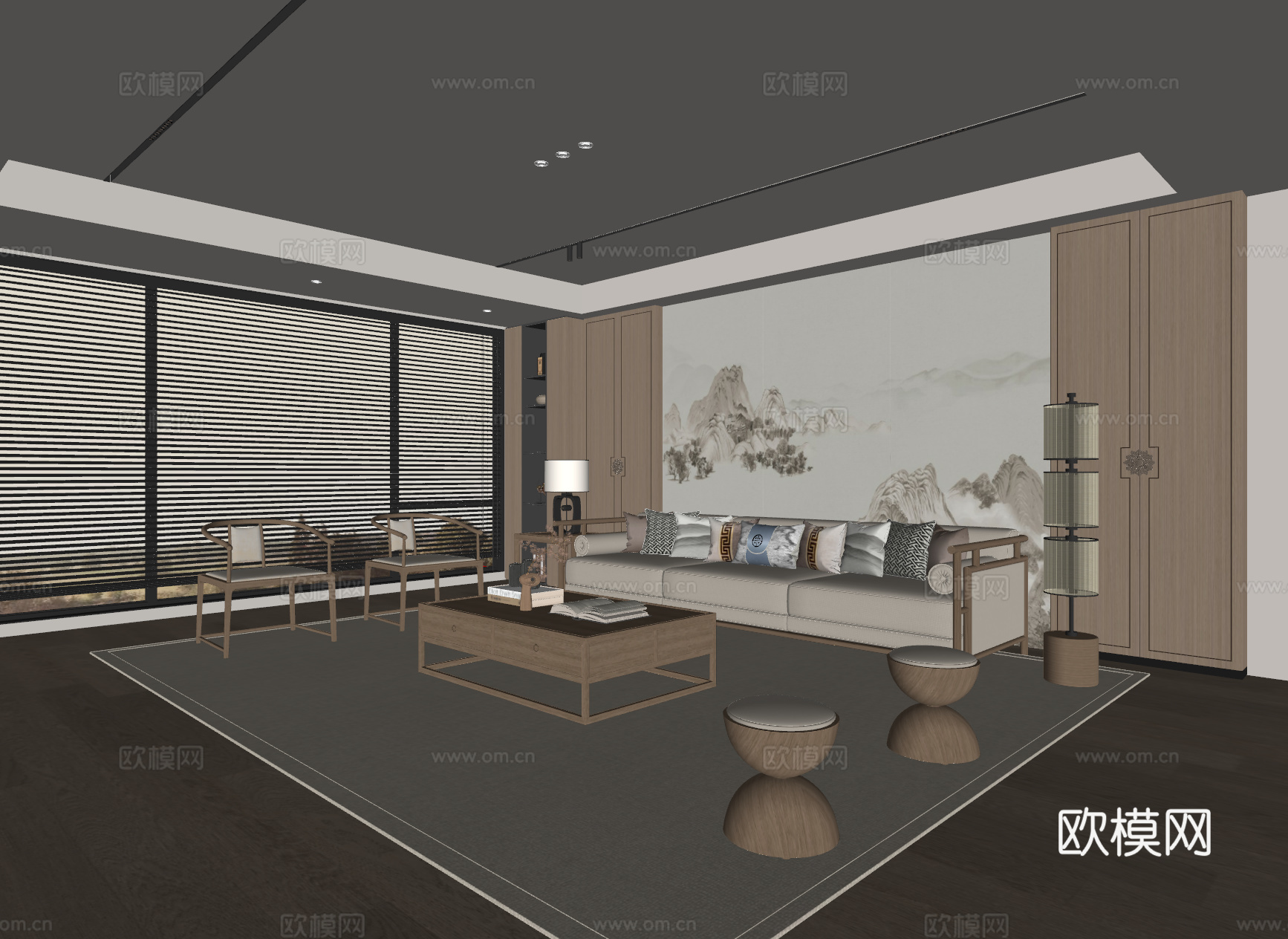 新中式宋式风客厅 沙发茶几 三人沙发 休闲椅 落地灯 地毯su模型