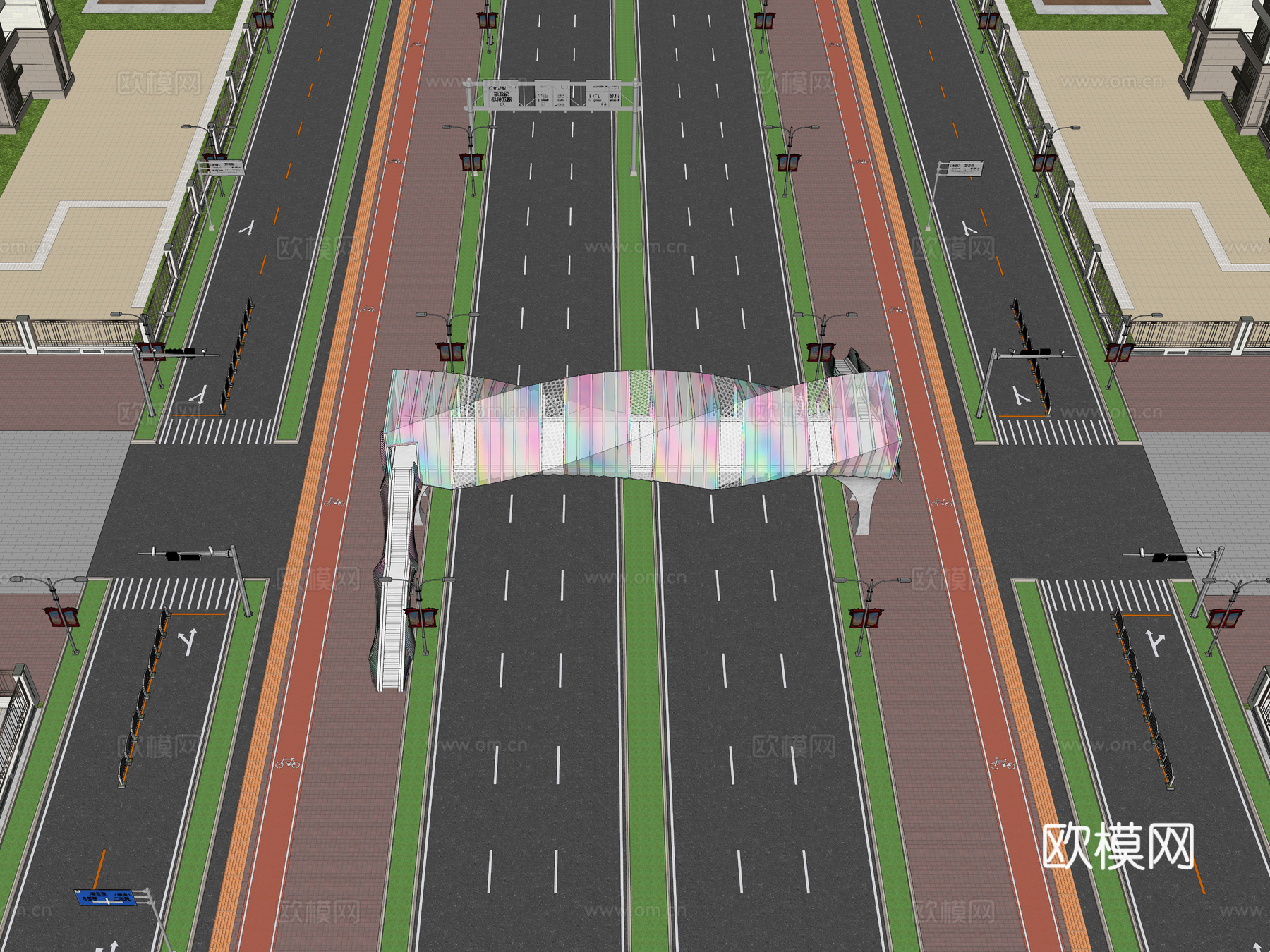 现代风格过街天桥 创意曲线高架桥 网红廊桥 城市道路天桥su模型