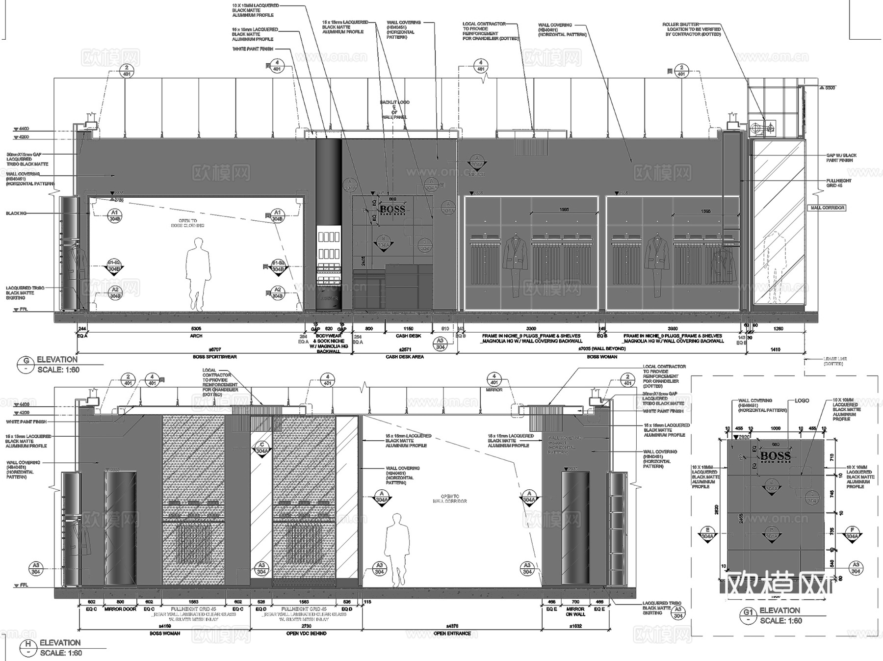 郑州HUGO BOSS奢侈品牌服饰店室内工装CAD施工图整套cad施工图