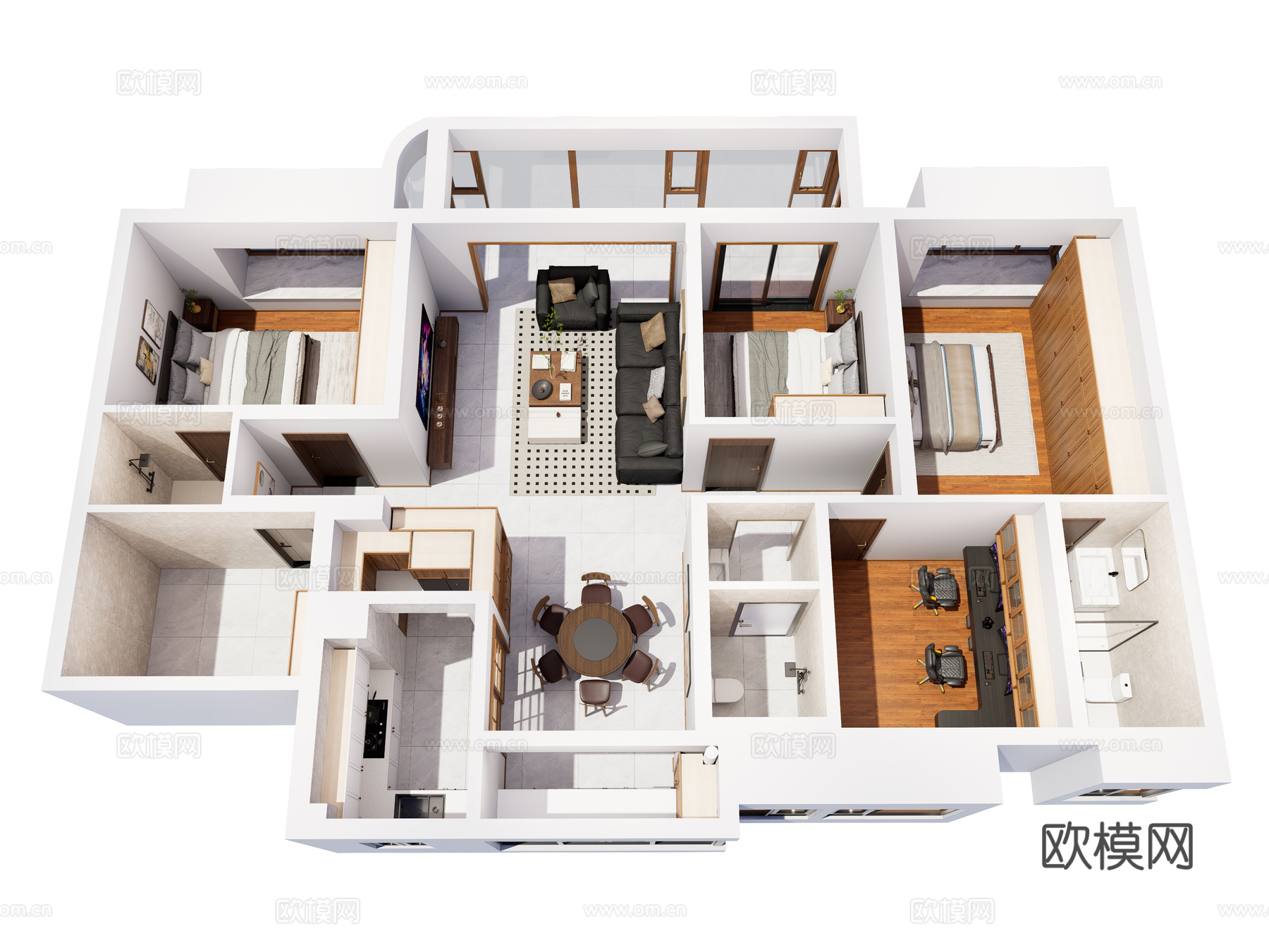 中古风家装鸟瞰 中古风家装空间 鸟瞰图 中古风家装样板房su模型