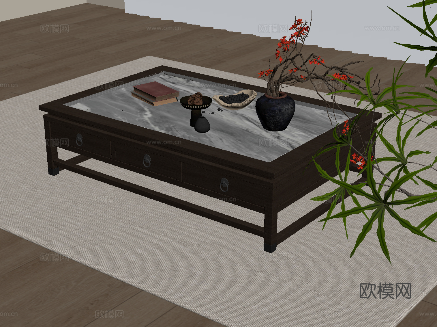 新中式茶几 方形茶几su模型