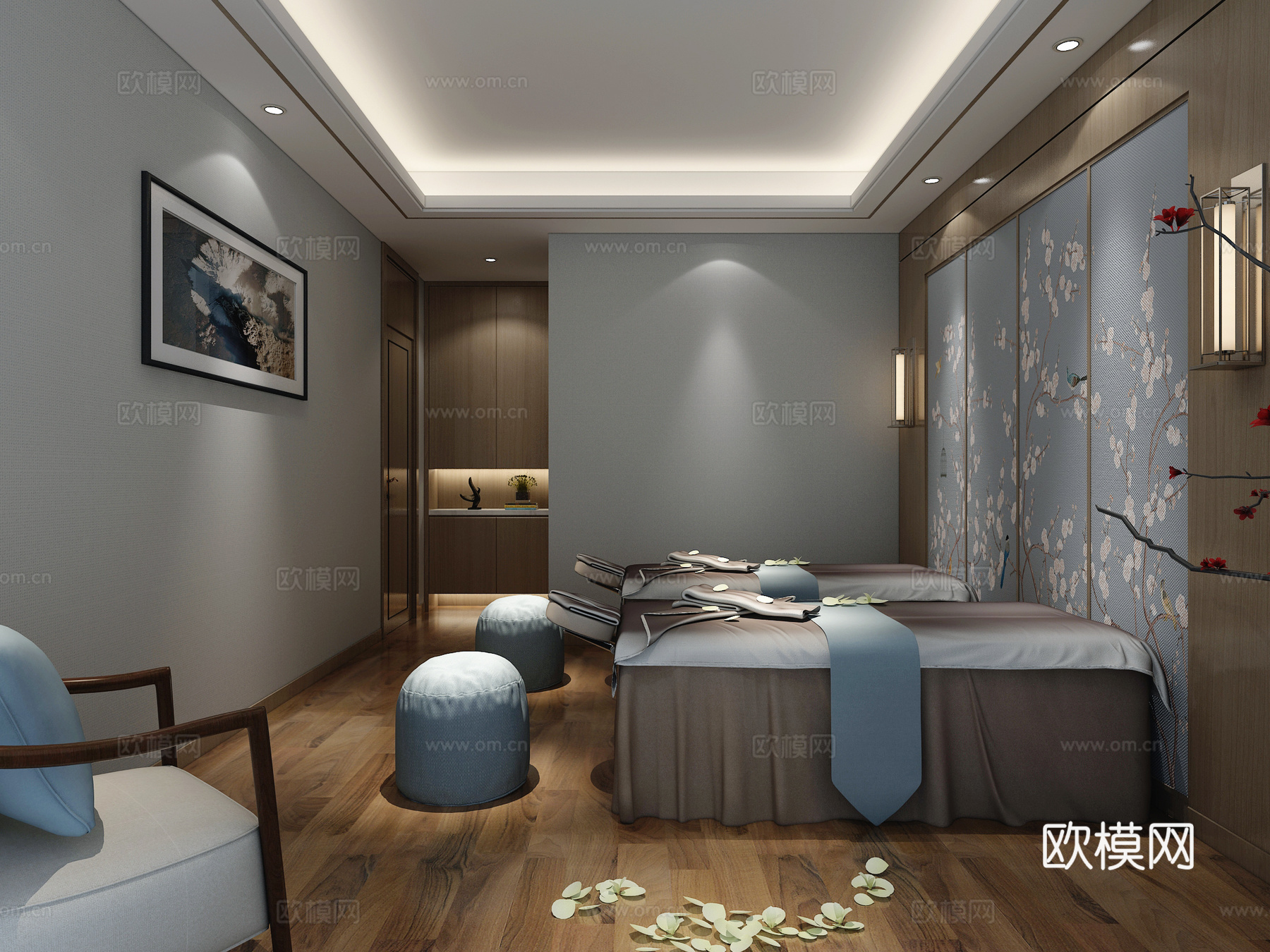 新中式SPA包厢 双人包厢 床 床背景 壁灯 床3d模型下载