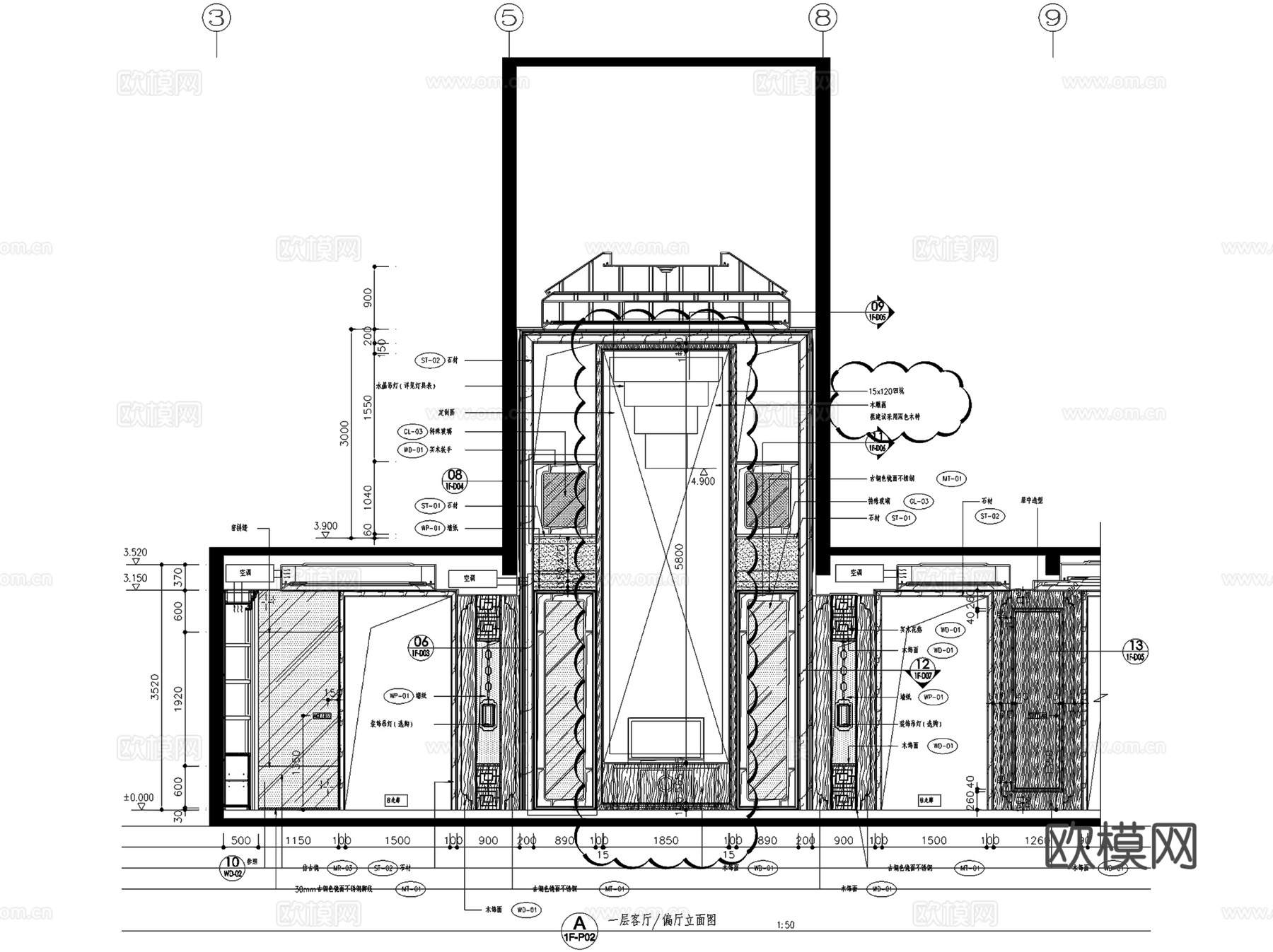 昆明古滇样板房湖景林苑B区500A户型二层别墅室内家装CADcad施工图
