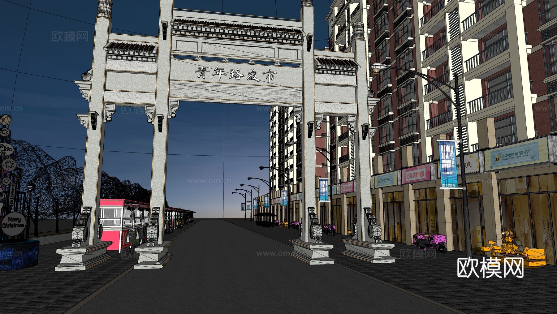 现代商业街夜市 牌坊 霓虹灯su模型