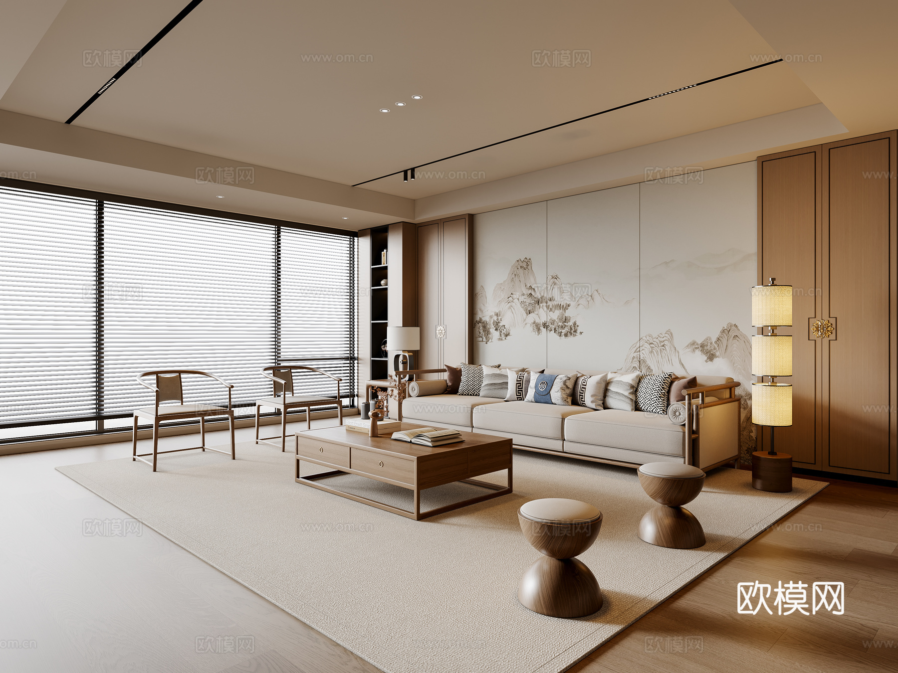 新中式宋式风客厅 沙发茶几 三人沙发 休闲椅 落地灯 地毯su模型