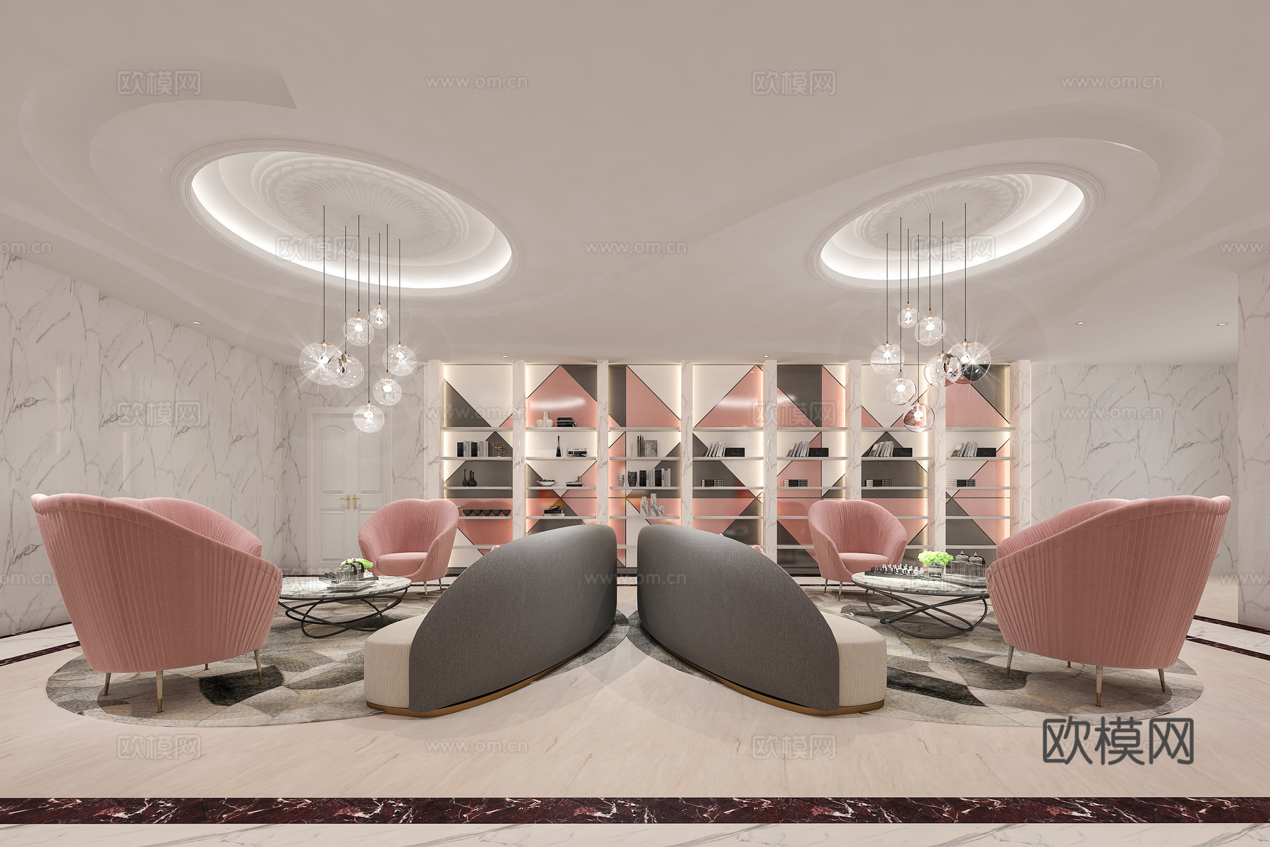 简欧粉色会所弧形沙发个性吊顶 少女空间3d模型下载