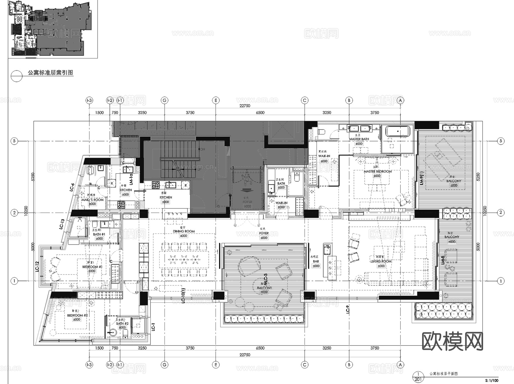 三亚海棠湾四季酒店公寓标准层房型三室内家装CAD施工图整套cad施工图