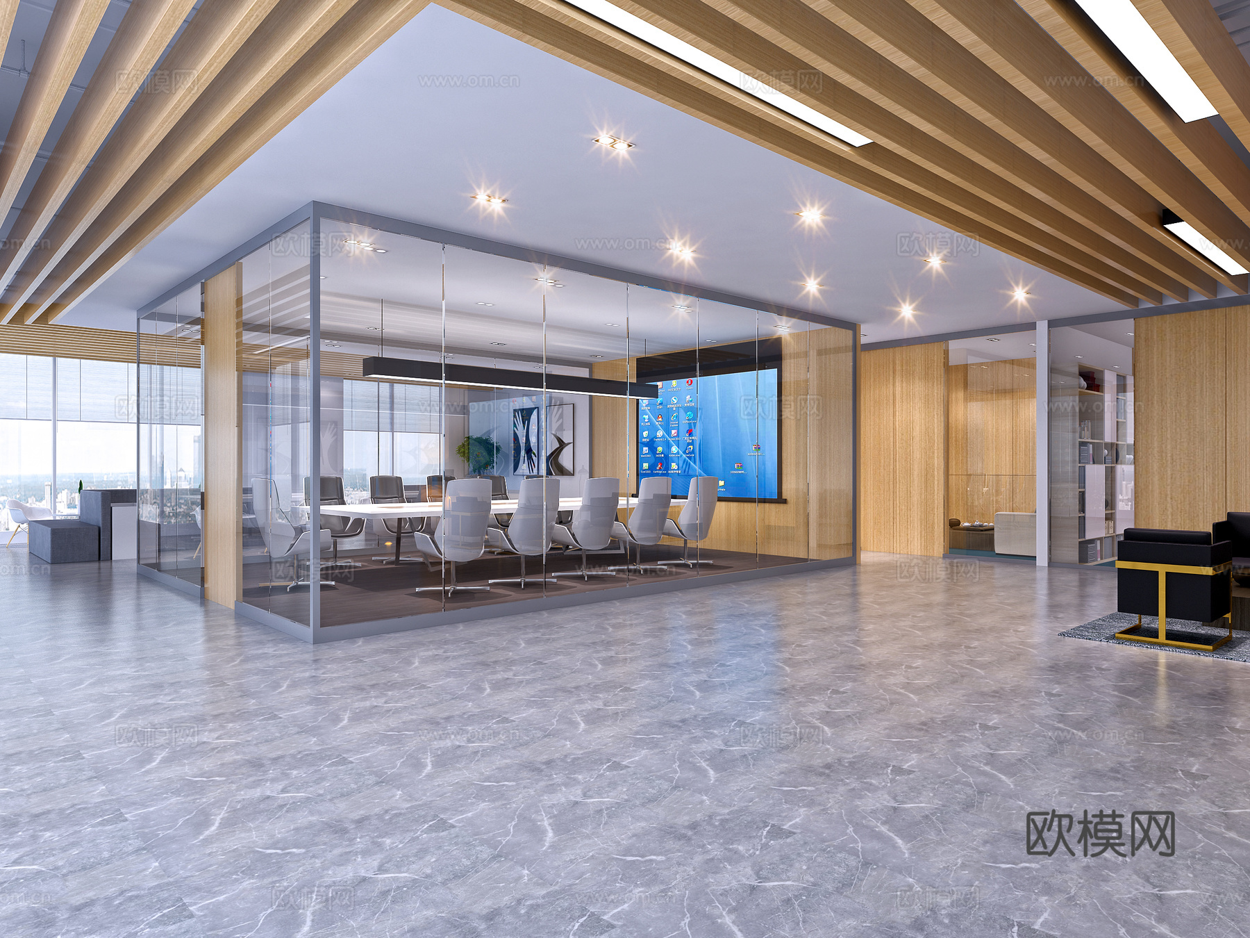 后现代现代办公室 会议室会议桌 会议椅3d模型下载（渲染图1）