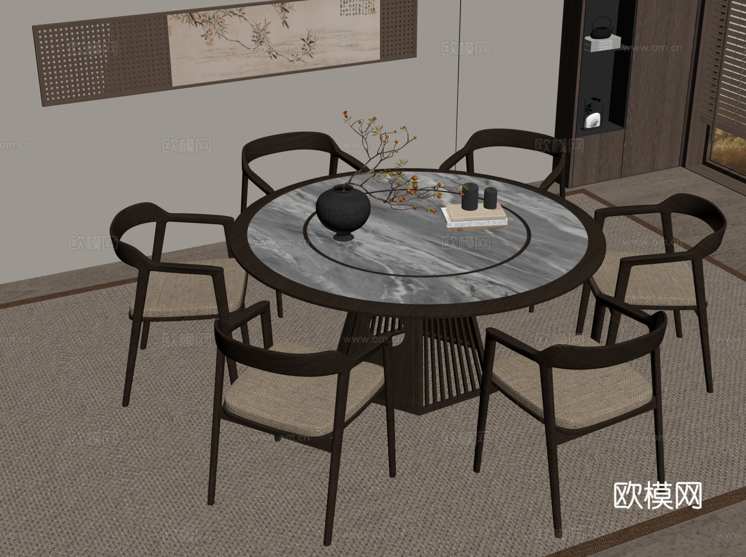 新中式餐桌椅 圆桌su模型
