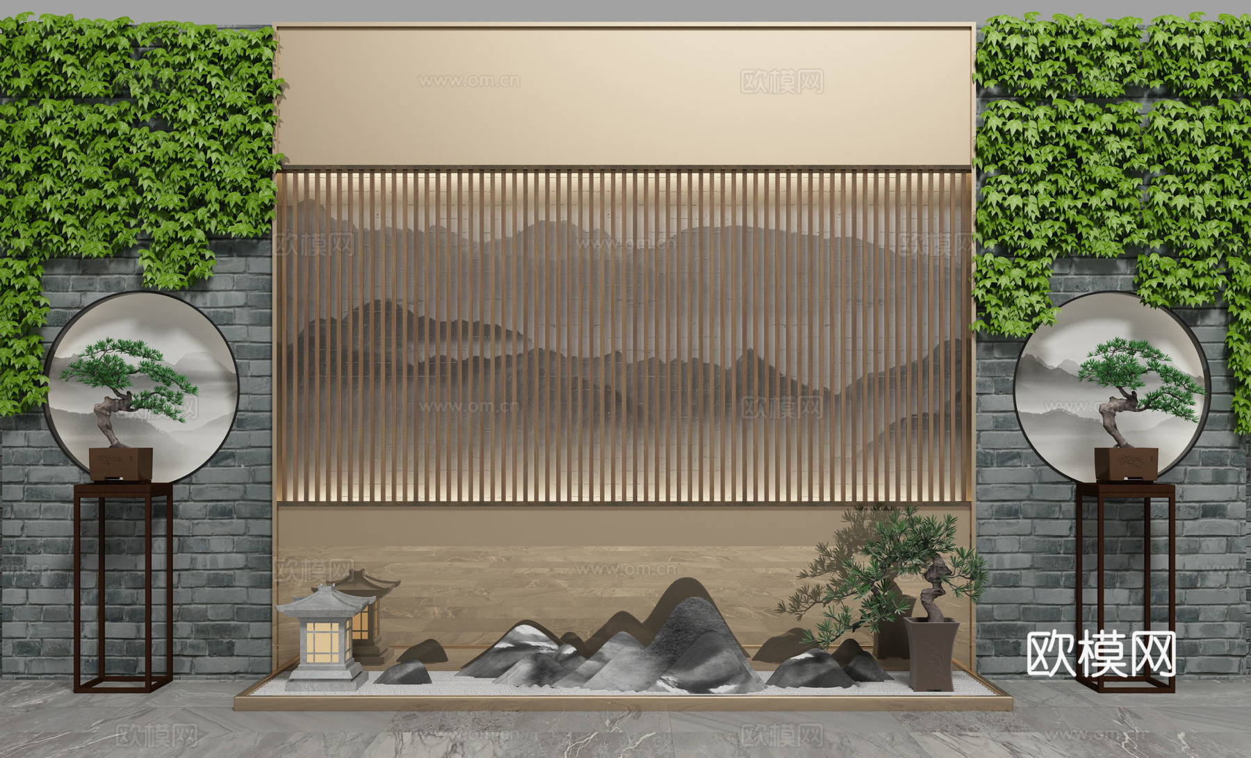 新中式园艺小品背景墙3d模型下载