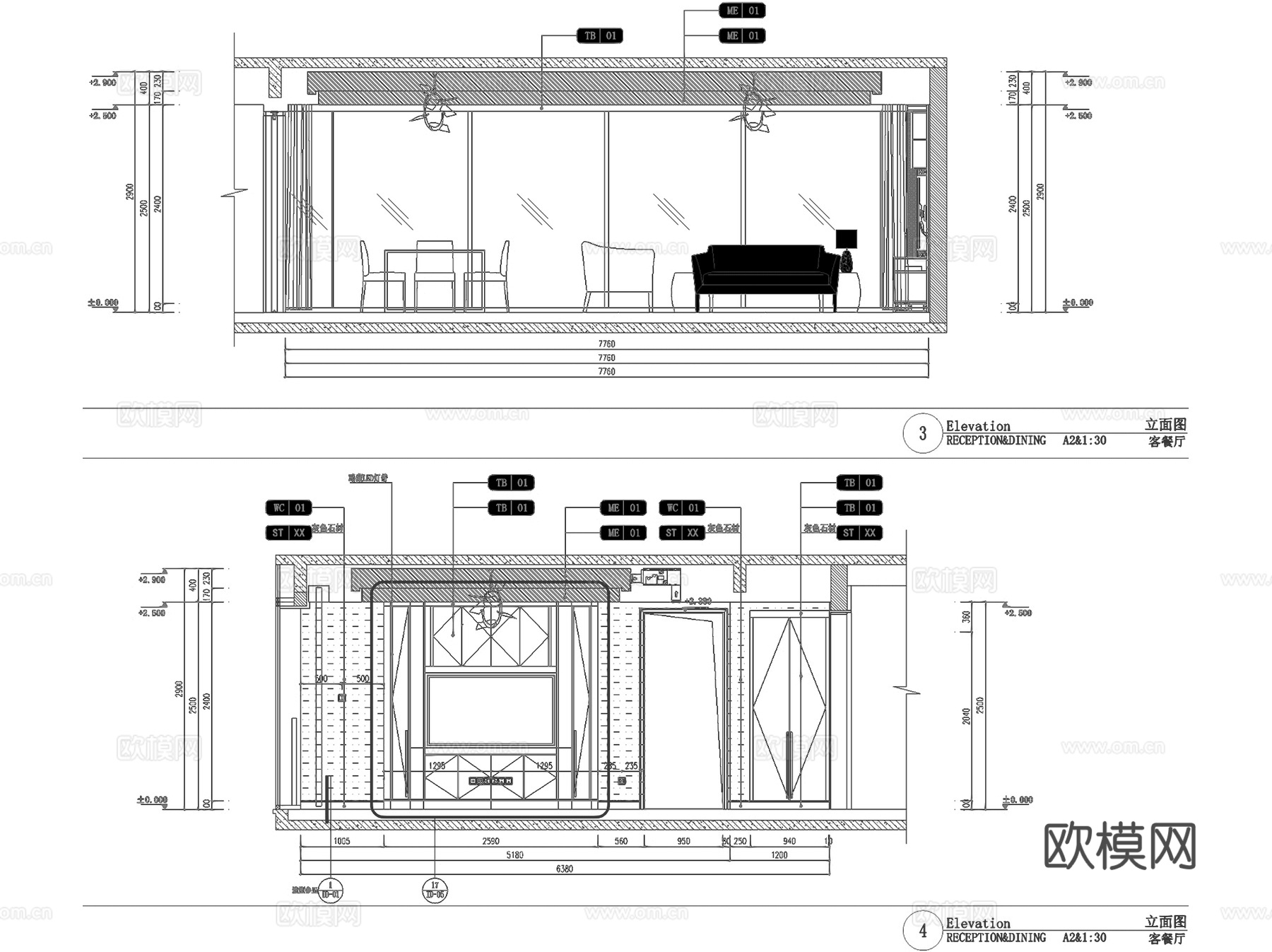杭州潮鸣样板房C2户型室内家装CAD施工图整套cad施工图