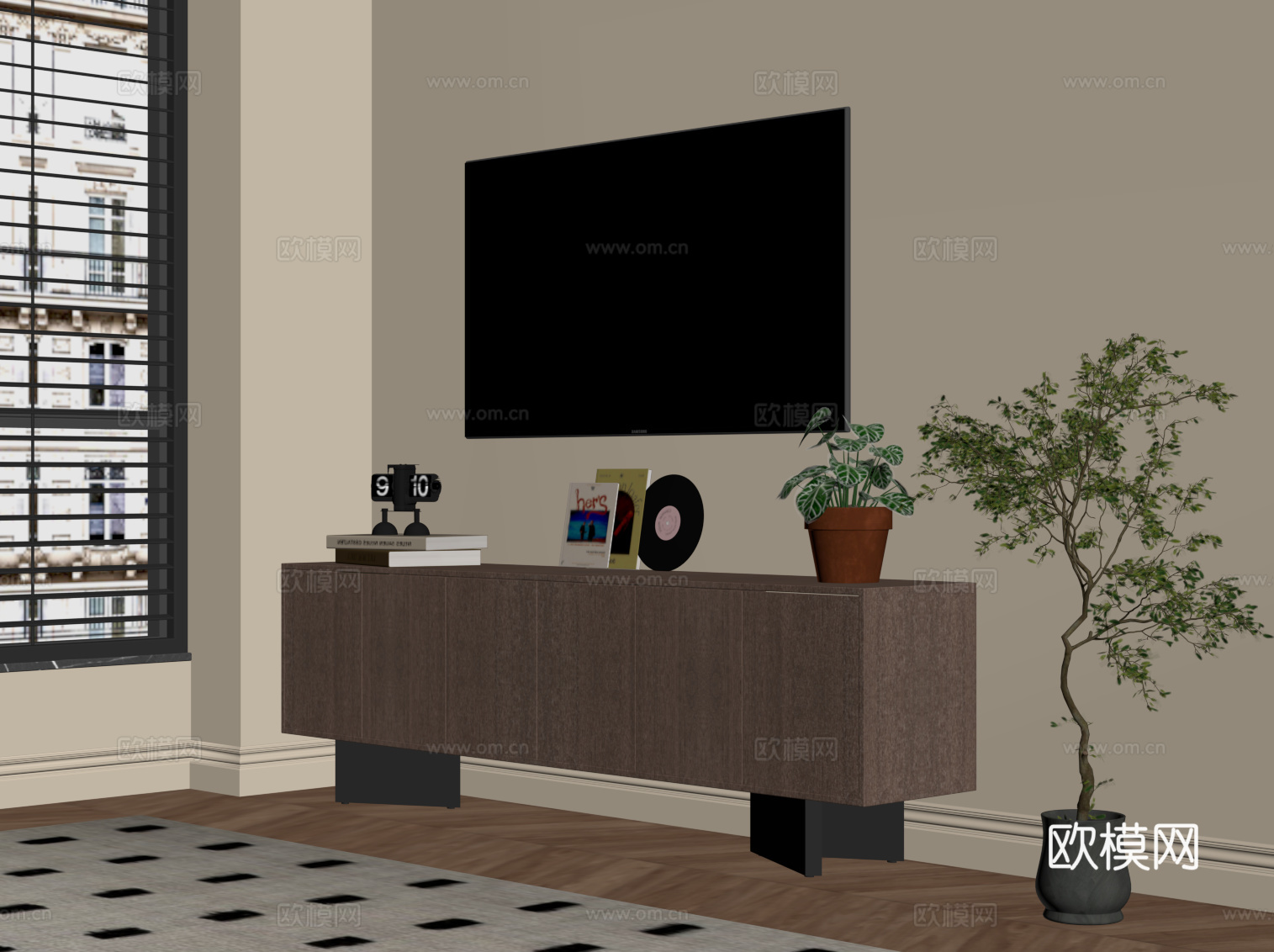 现代中古风电视柜su模型