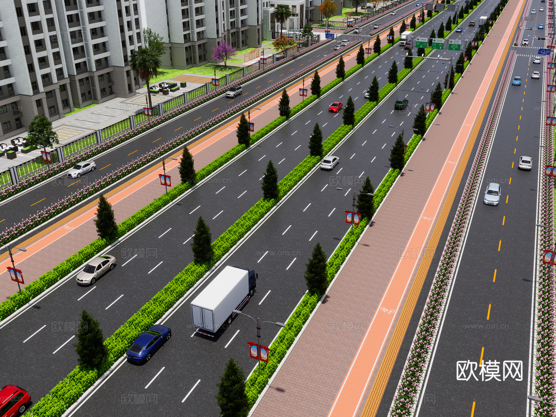 现代市政道路 地面交通道路标识 城市公路景观 现代街道景观su模型