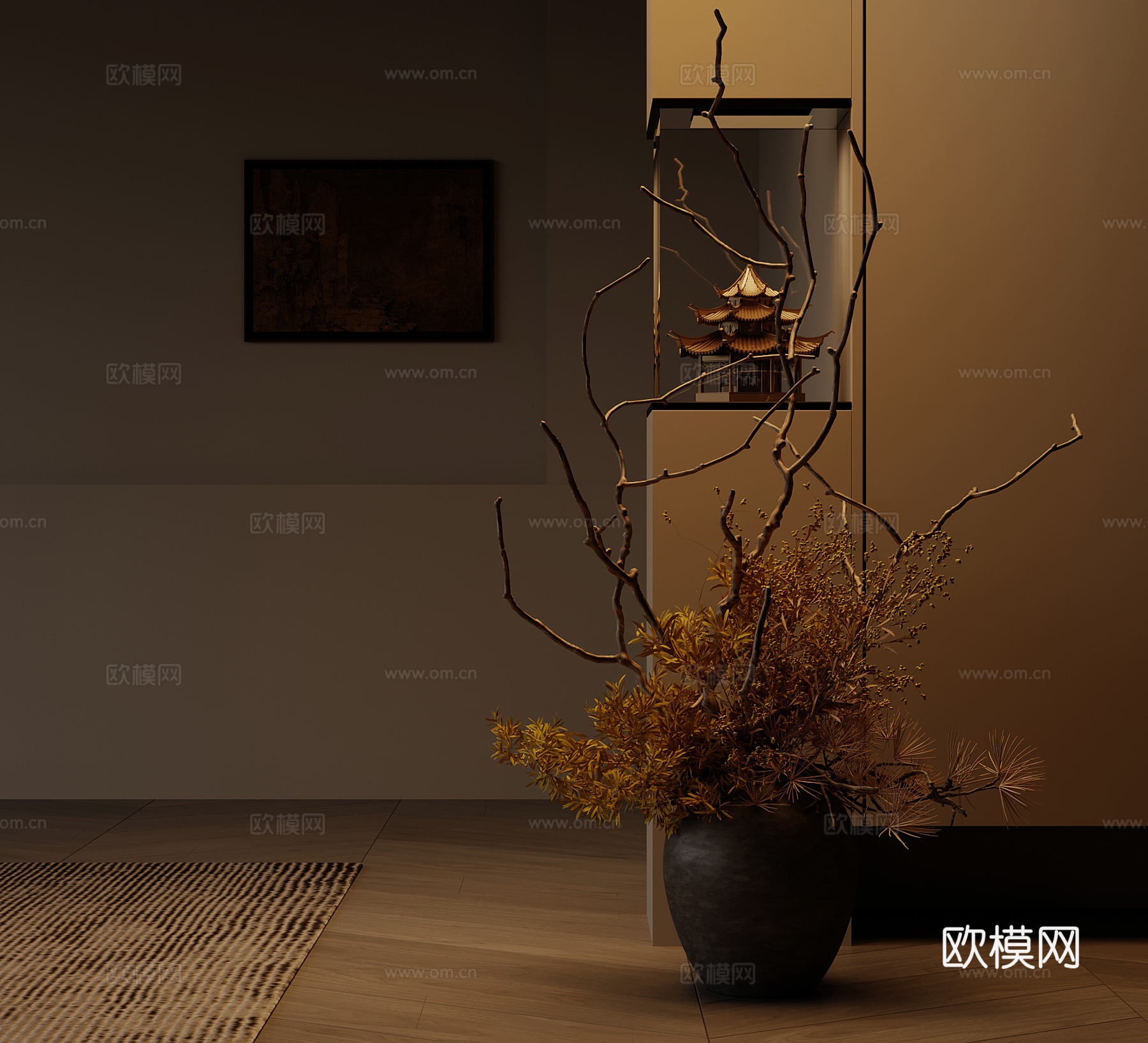 新中式枯枝 摆件su模型