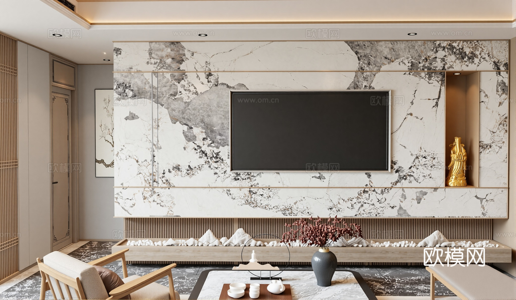 新中式客厅su模型