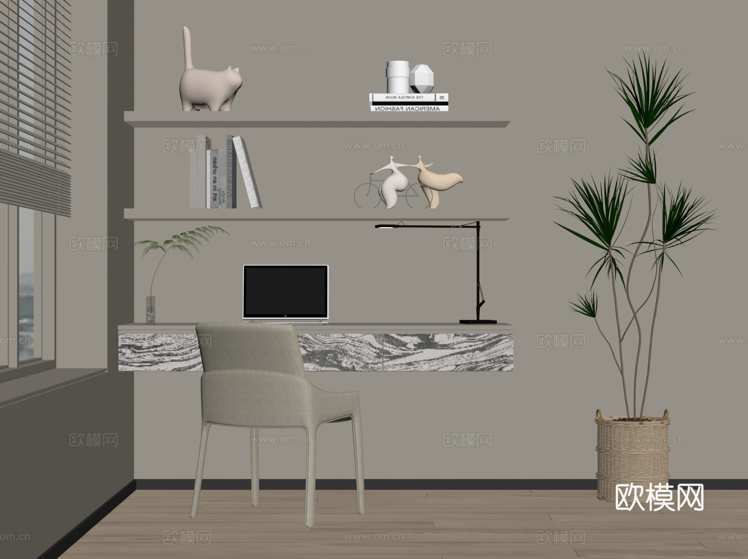 现代书桌椅 书架su模型