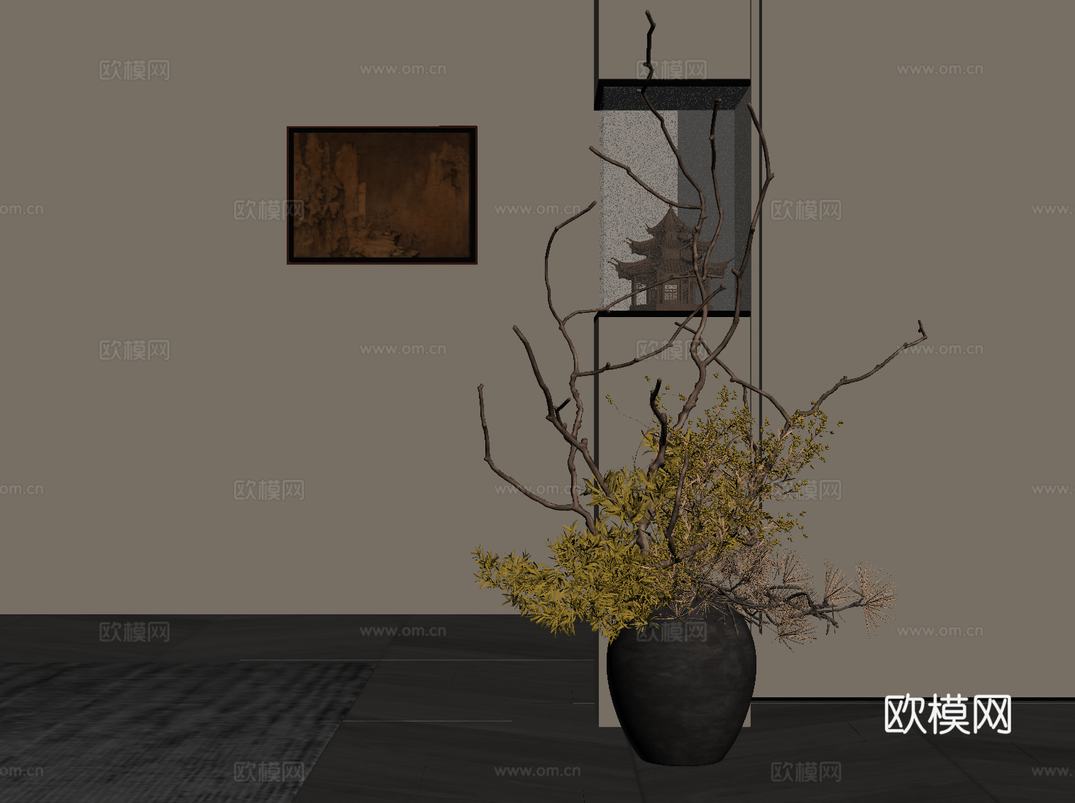 新中式枯枝 摆件su模型