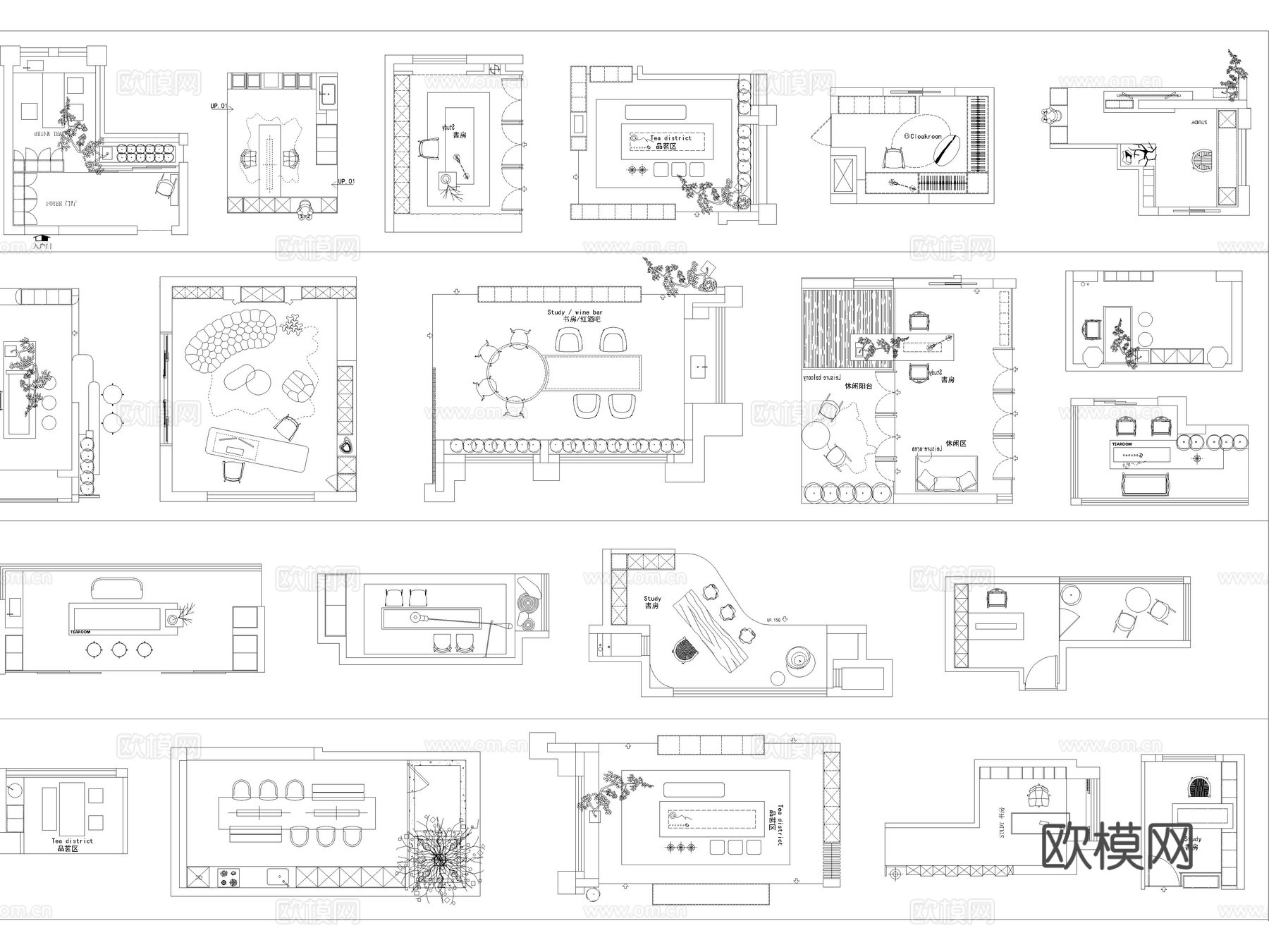 46套茶室书房家装室内设计CAD平面图块cad施工图