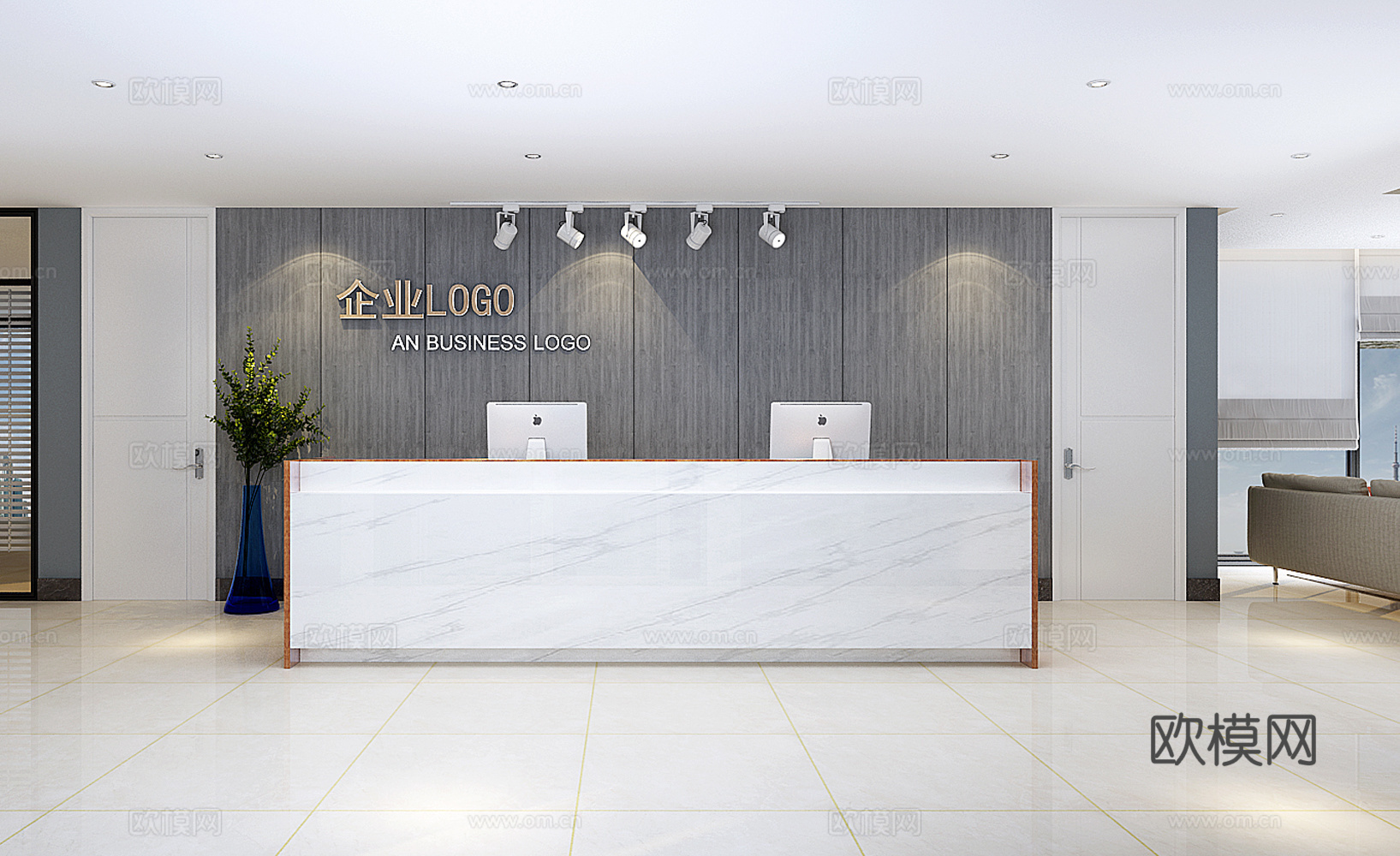 现代工装办公室前台 员工休息区3d模型下载（渲染图1）