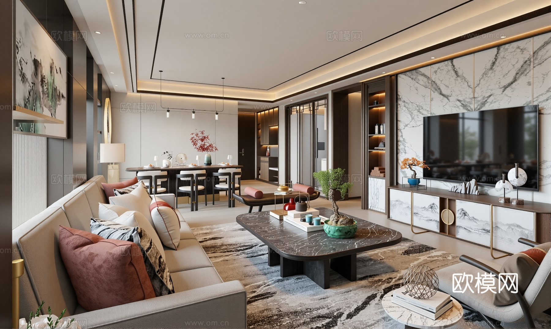 新中式客餐厅沙发茶几组合su模型