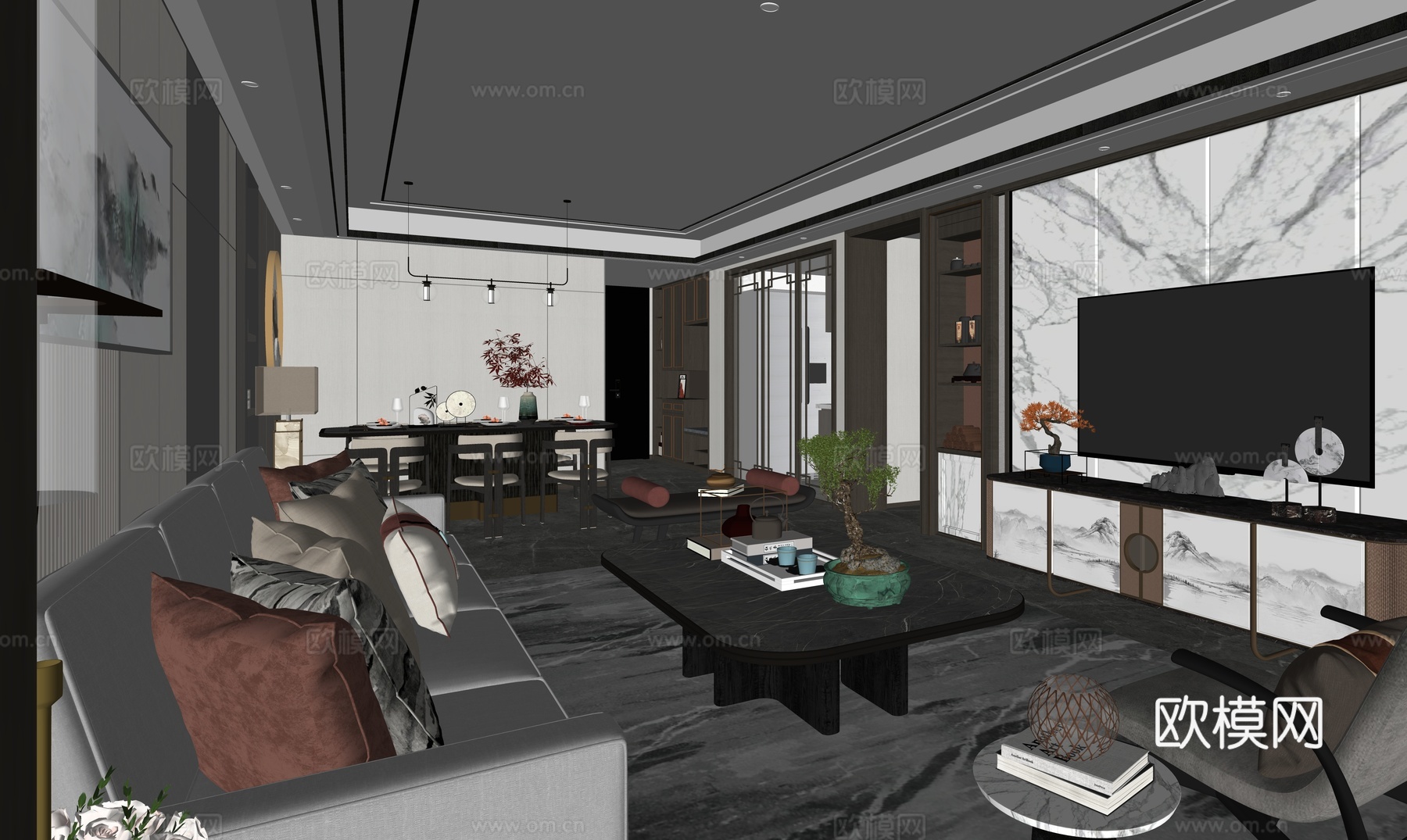 新中式客餐厅沙发茶几组合su模型