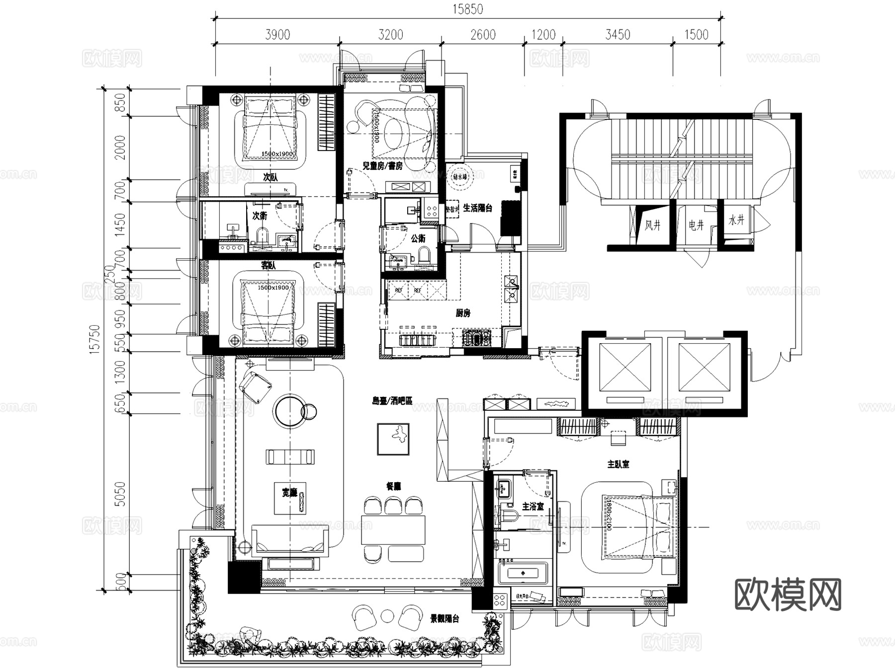 佛山保利良溪花园230户型大平层室内家装CAD施工图整套cad施工图