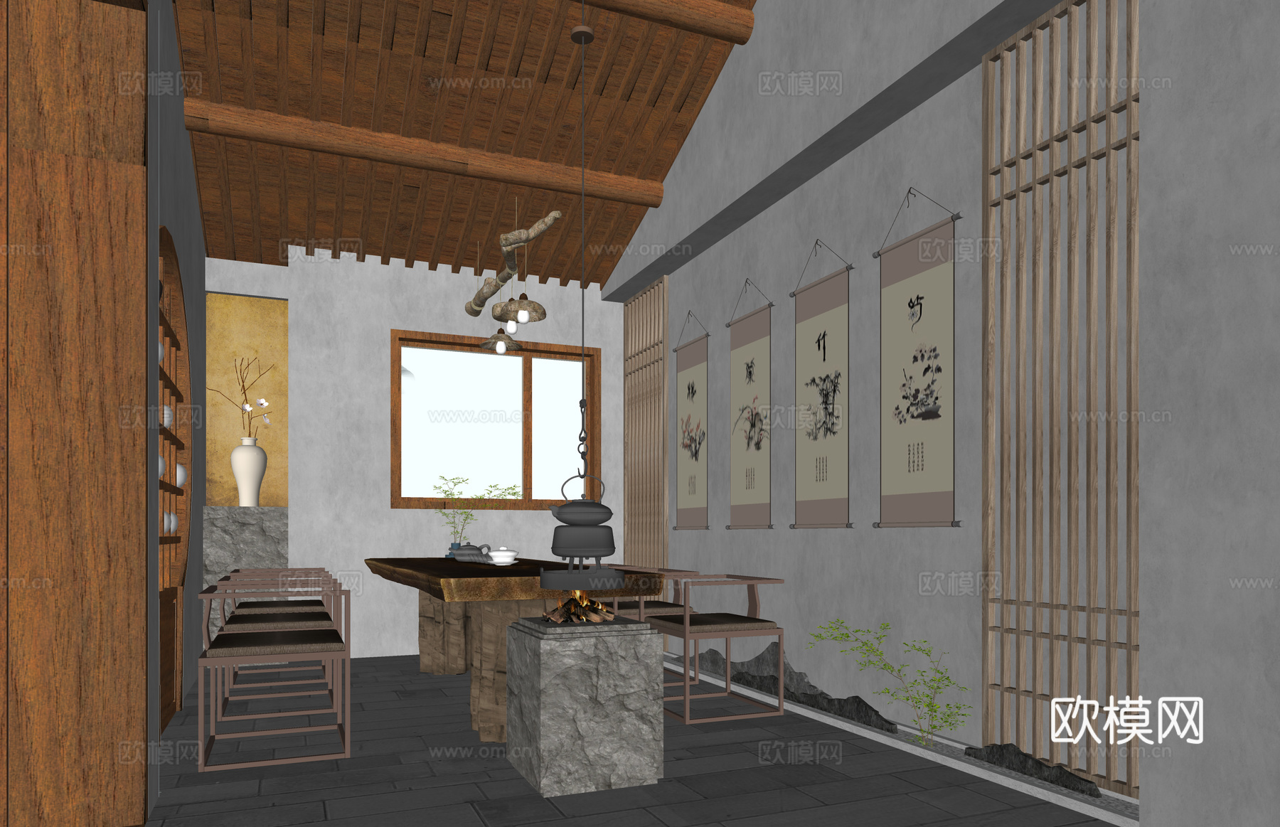 家装 茶台 茶桌组合 茶桌 茶具su模型