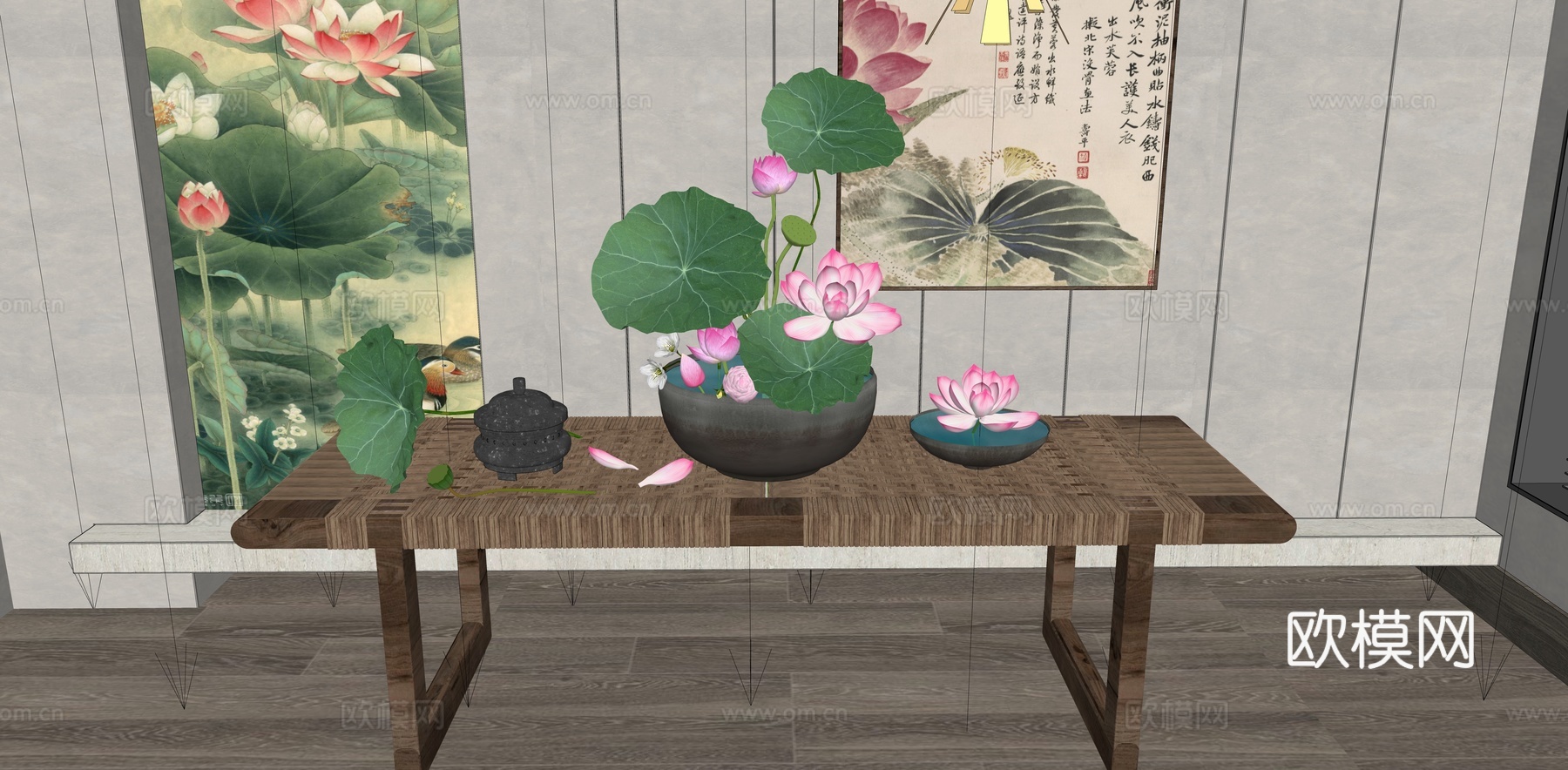 新中式 盆栽 花瓶花艺摆件 荷花插花 禅意插花 荷花 荷叶su模型