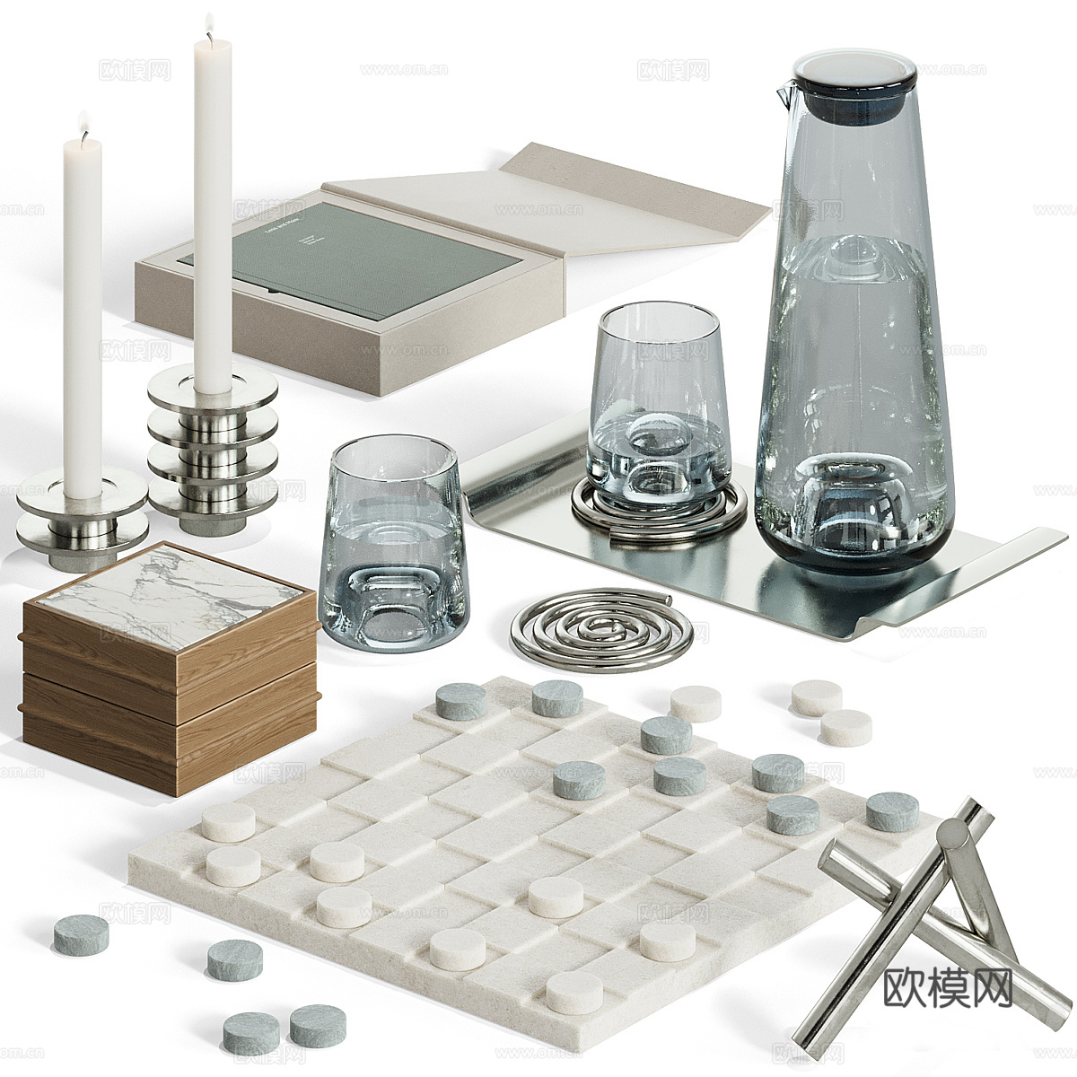 现代饰品摆件组合 玻璃杯 棋盘 蜡烛 桌面摆件 茶几摆件su模型