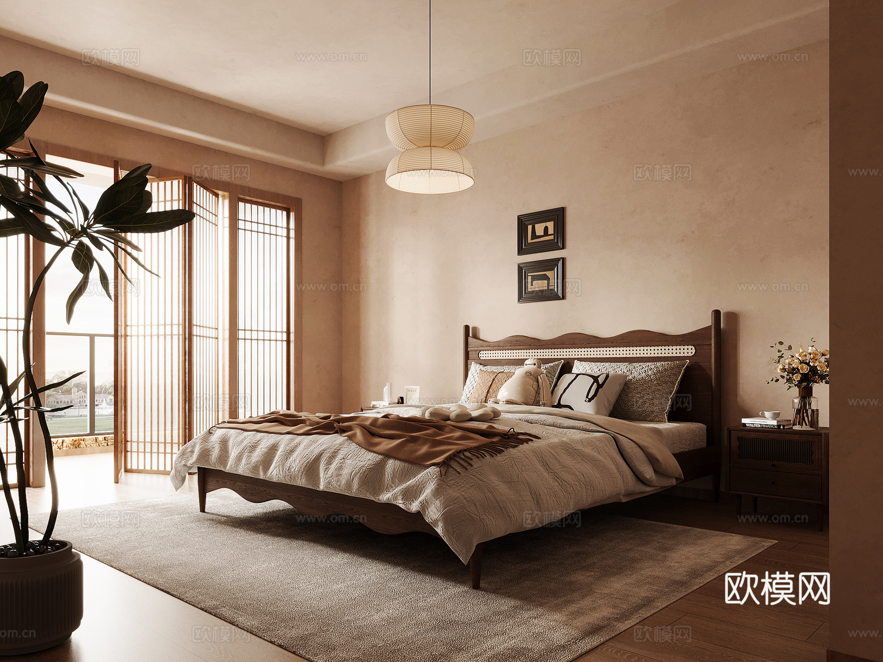 中古风卧室 双人床 床头柜su模型