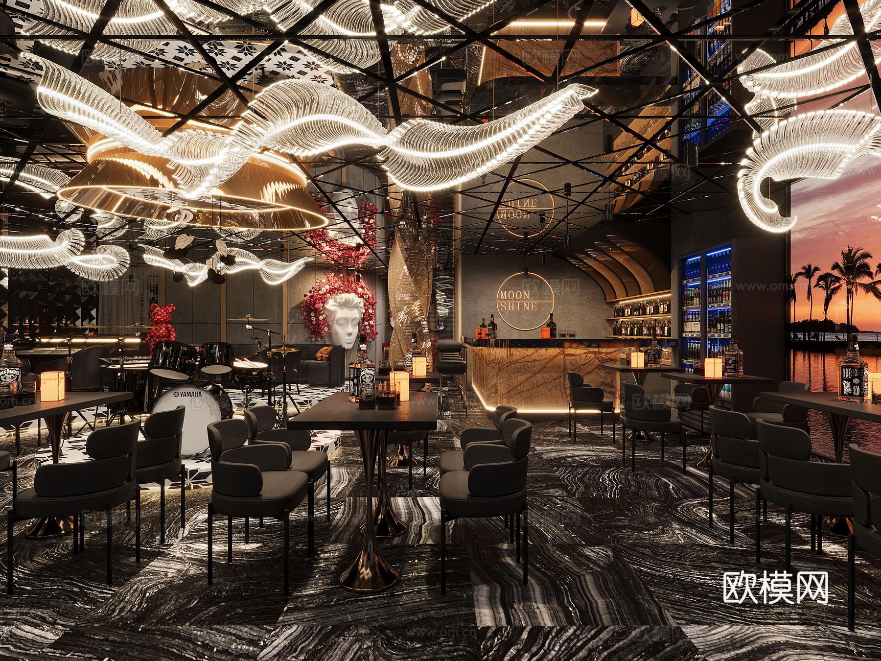 现代金属风酒吧3d模型下载（渲染图2）