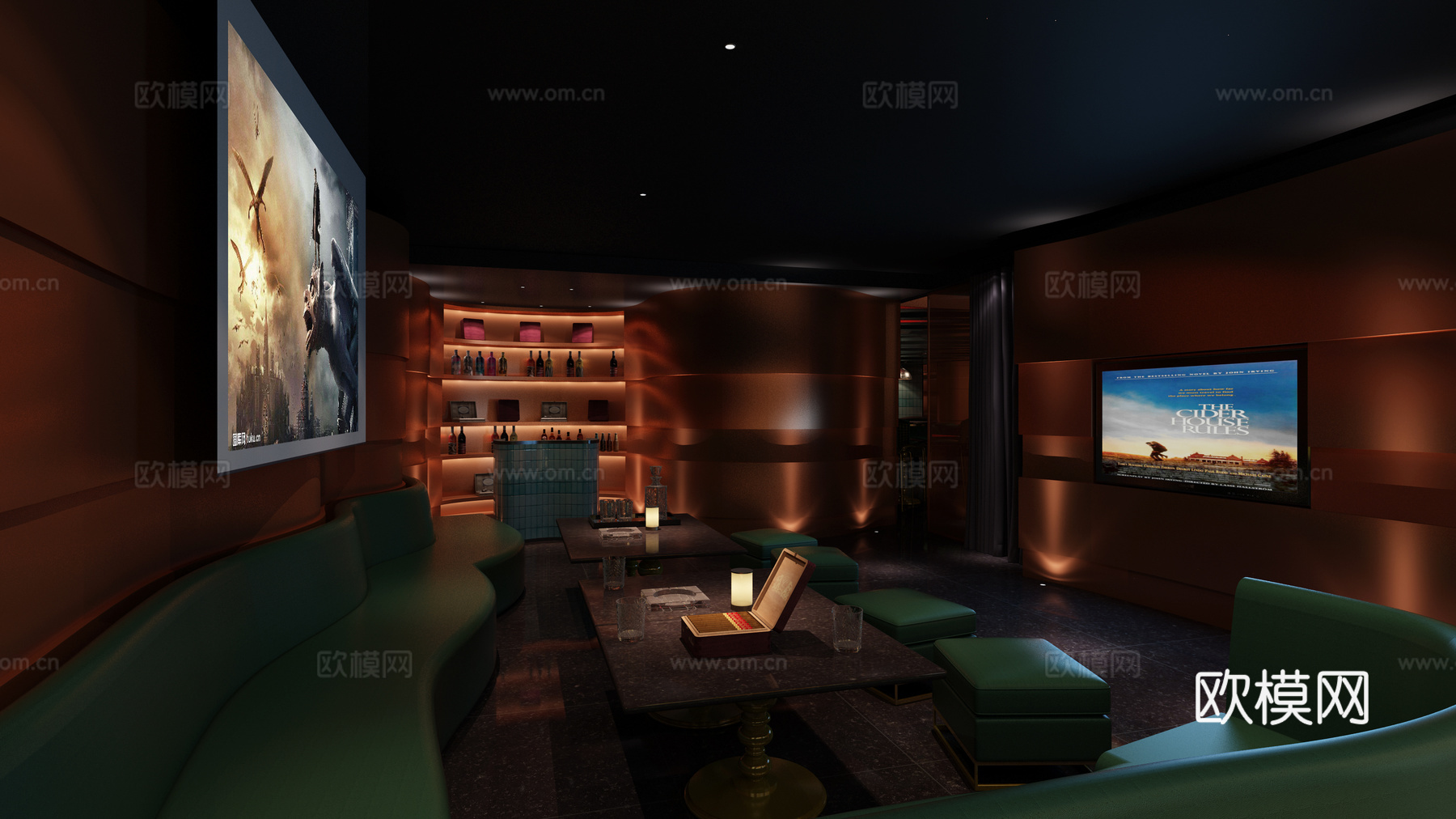 现代酒吧 沙发 单椅 桌球台 雪茄间 酒 游戏机 吧台3d模型下载（渲染图1）
