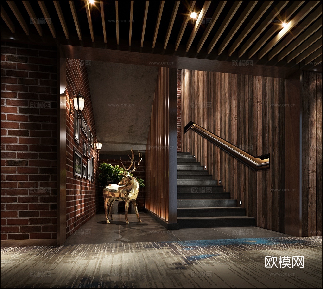 新中式酒店过道 酒店楼梯 酒店入口 鹿 北欧鹿 工业风酒3d模型下载