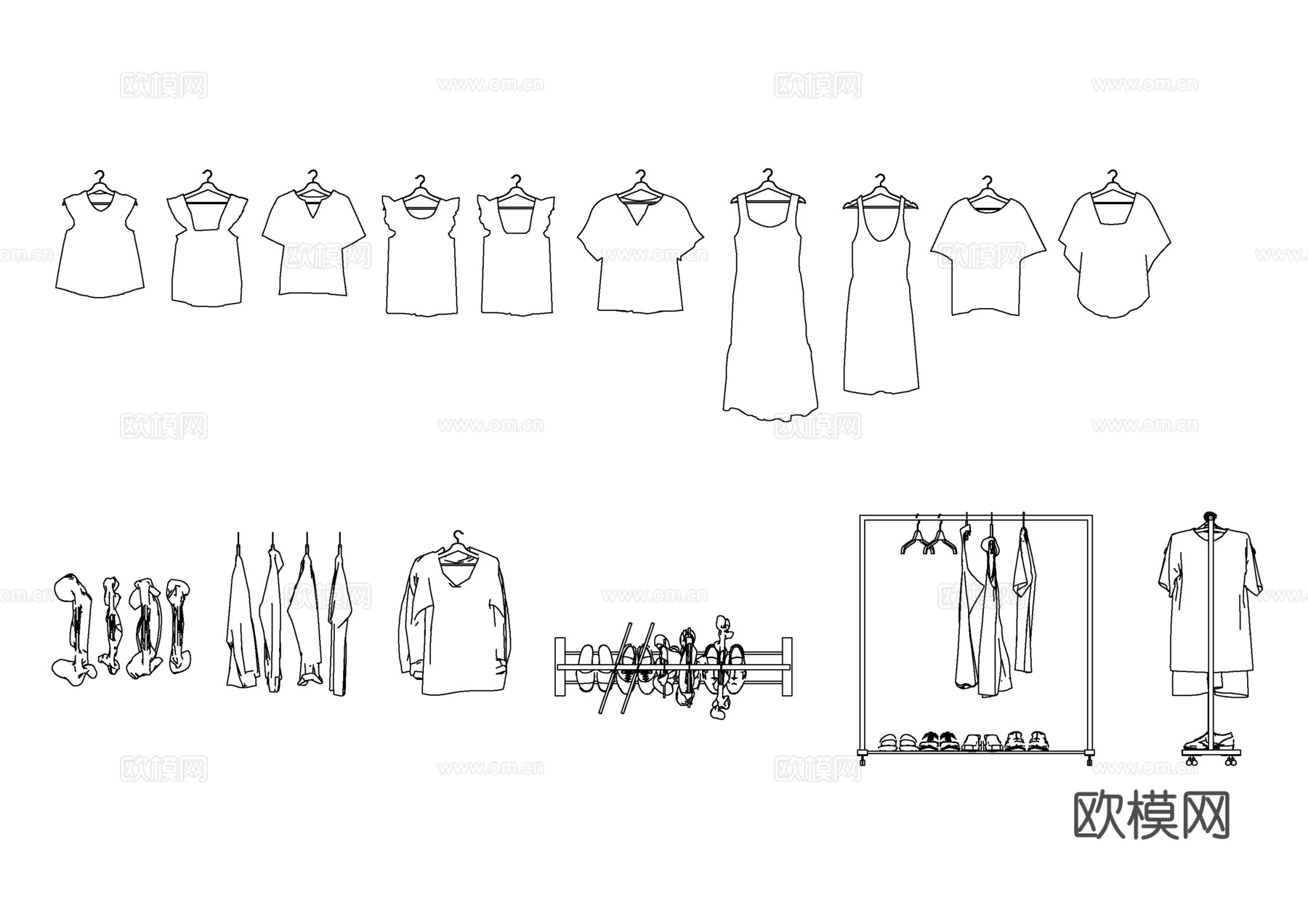 服饰衣物衣架 衣服挂架 服装展示架 衣物收纳架 衣架组合cad施工图