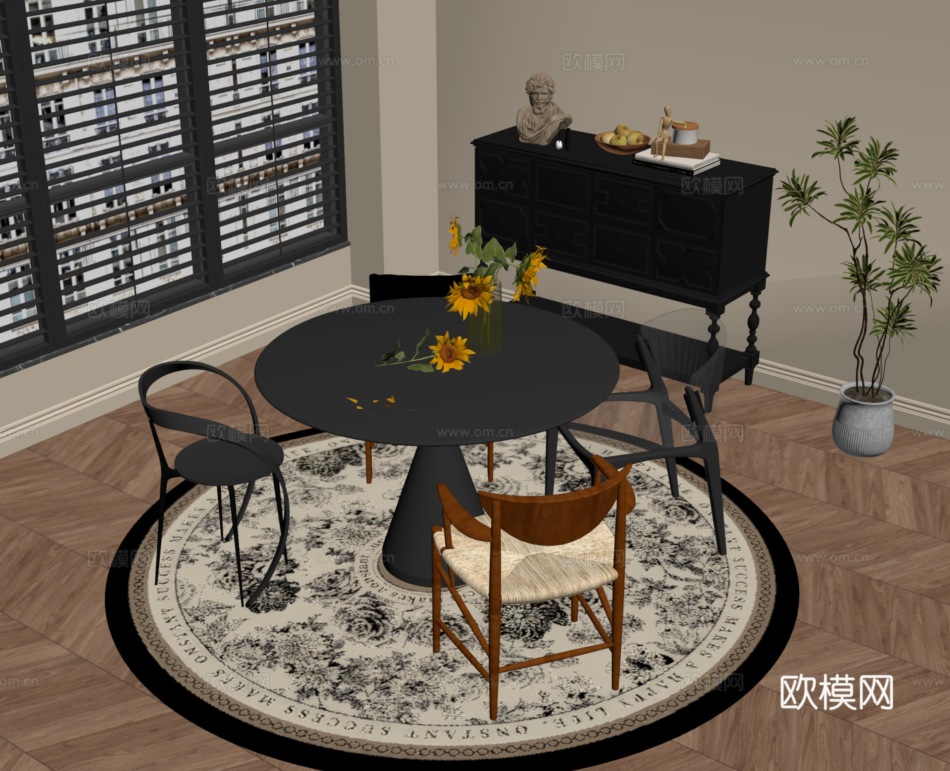 法式复古风餐桌椅 餐边柜 绿植盆栽su模型