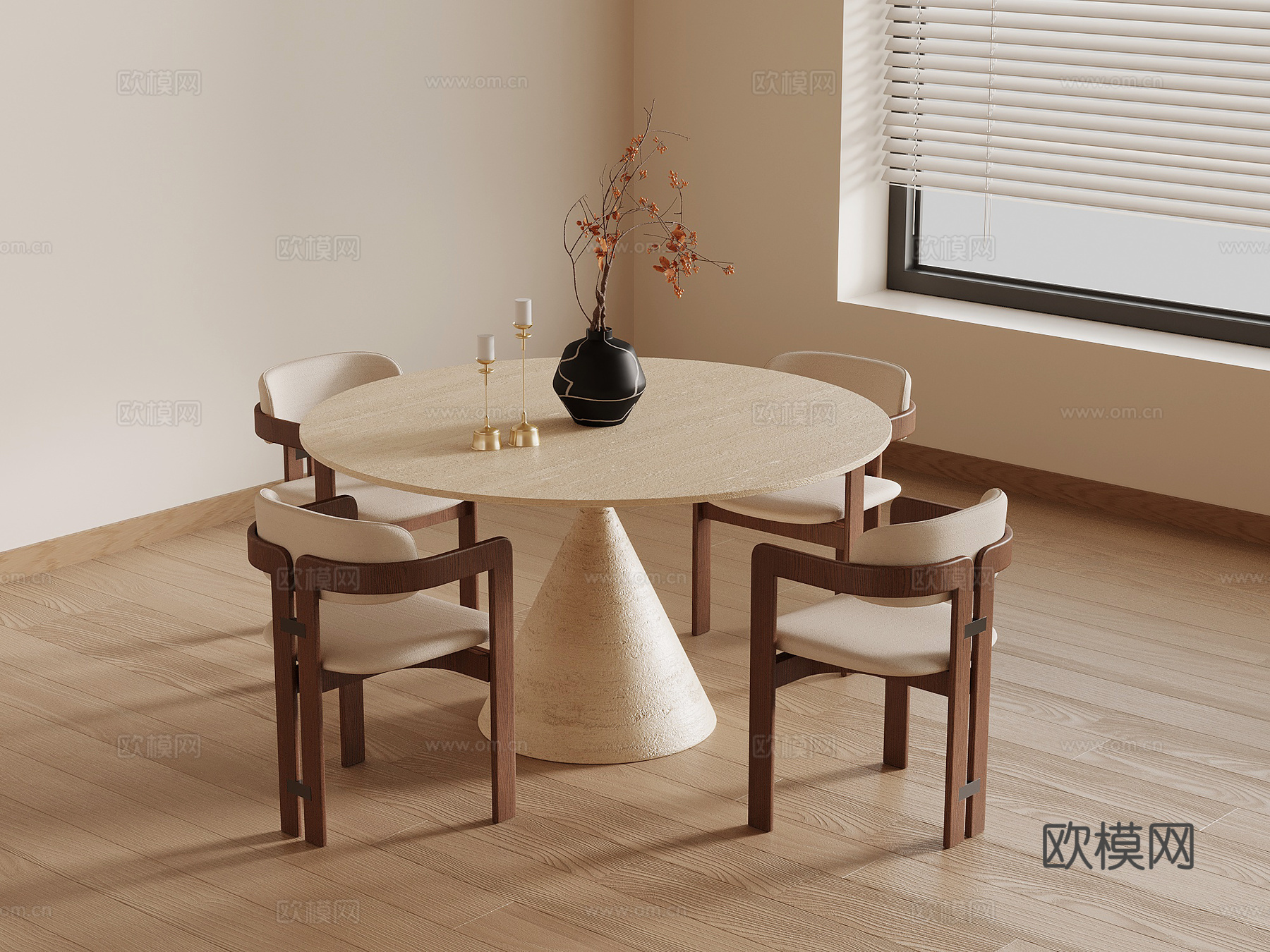 中古风餐桌椅 圆形餐桌su模型