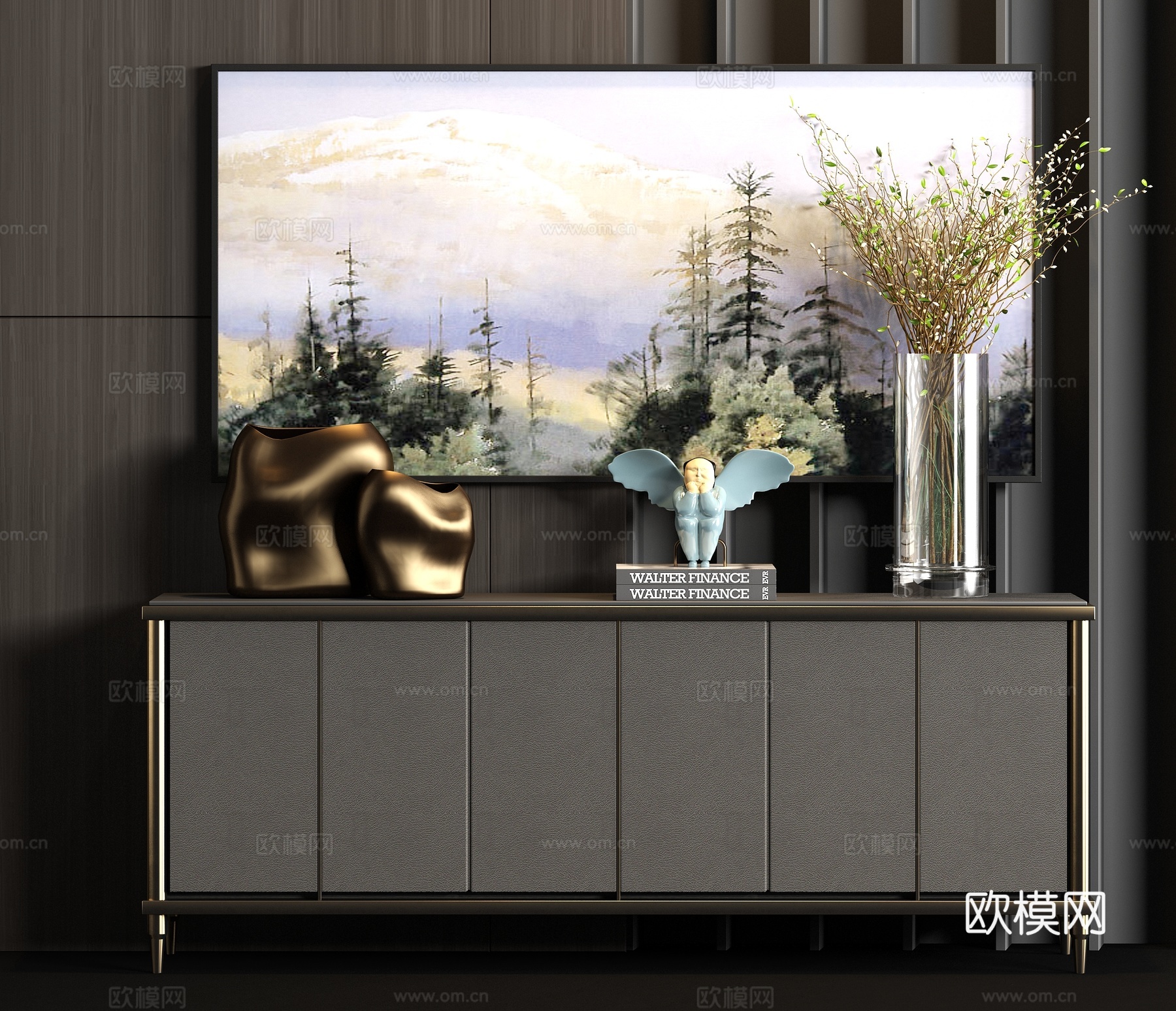 新中式金属皮革端景柜饰品组合3d模型下载