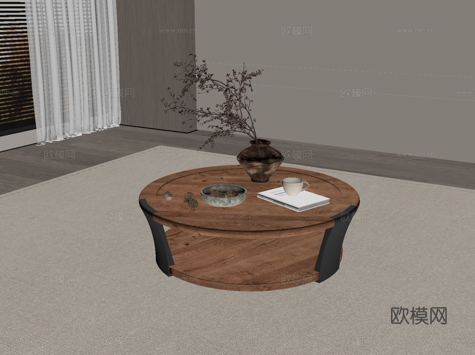 中古风茶几 圆形茶几su模型