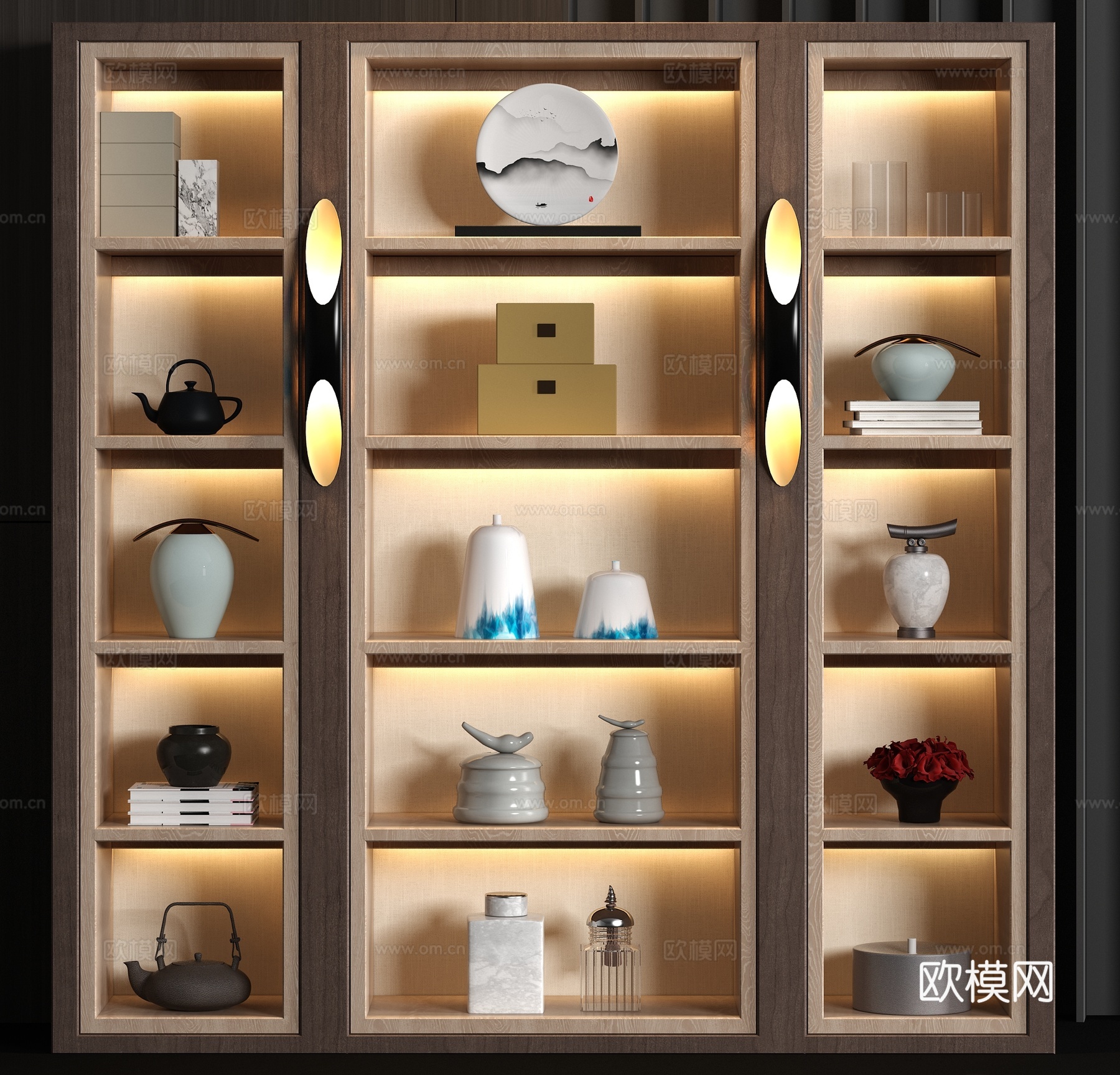 新中式实木装饰书柜饰品组合3d模型下载