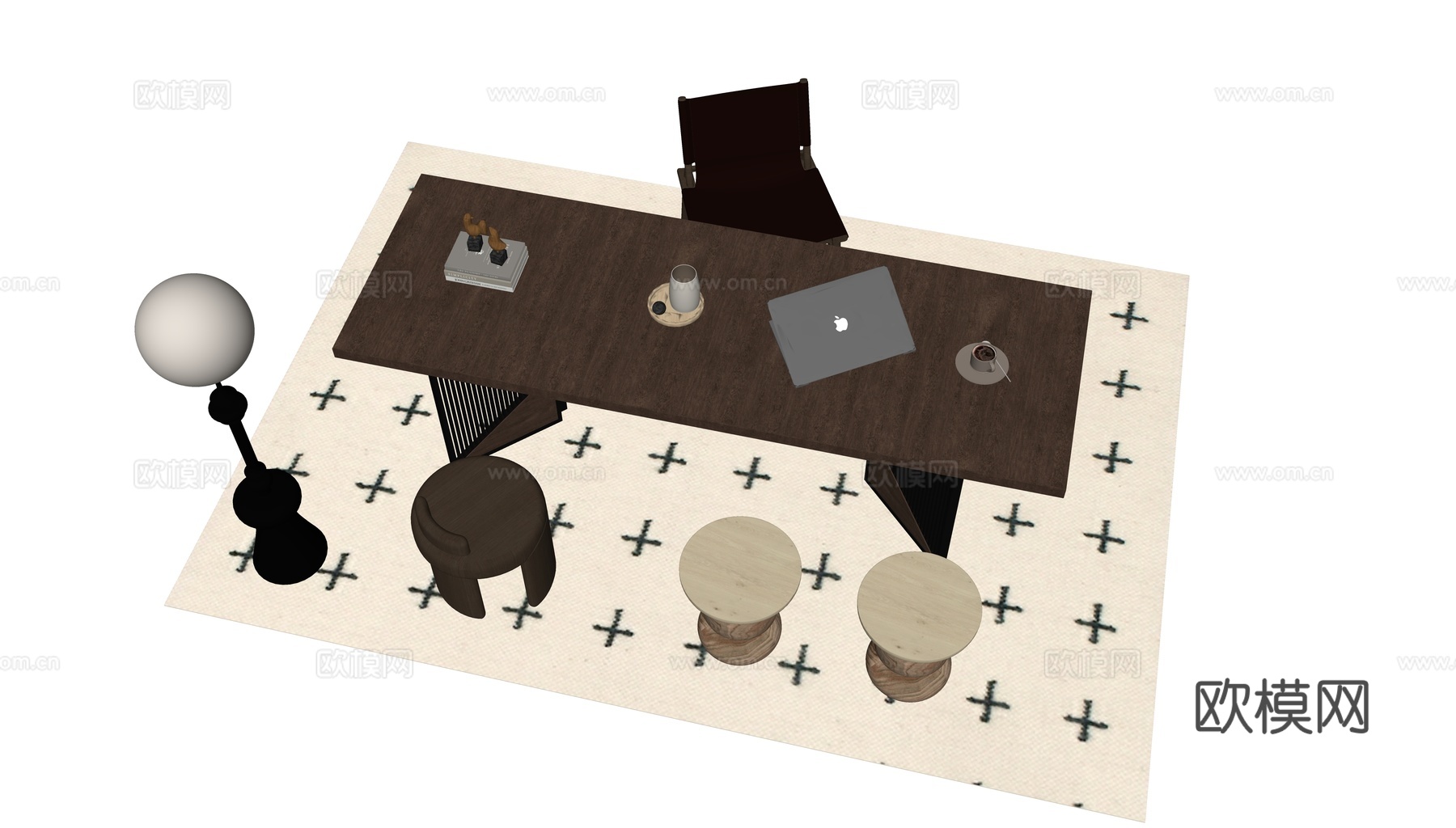 现代中古风书桌su模型