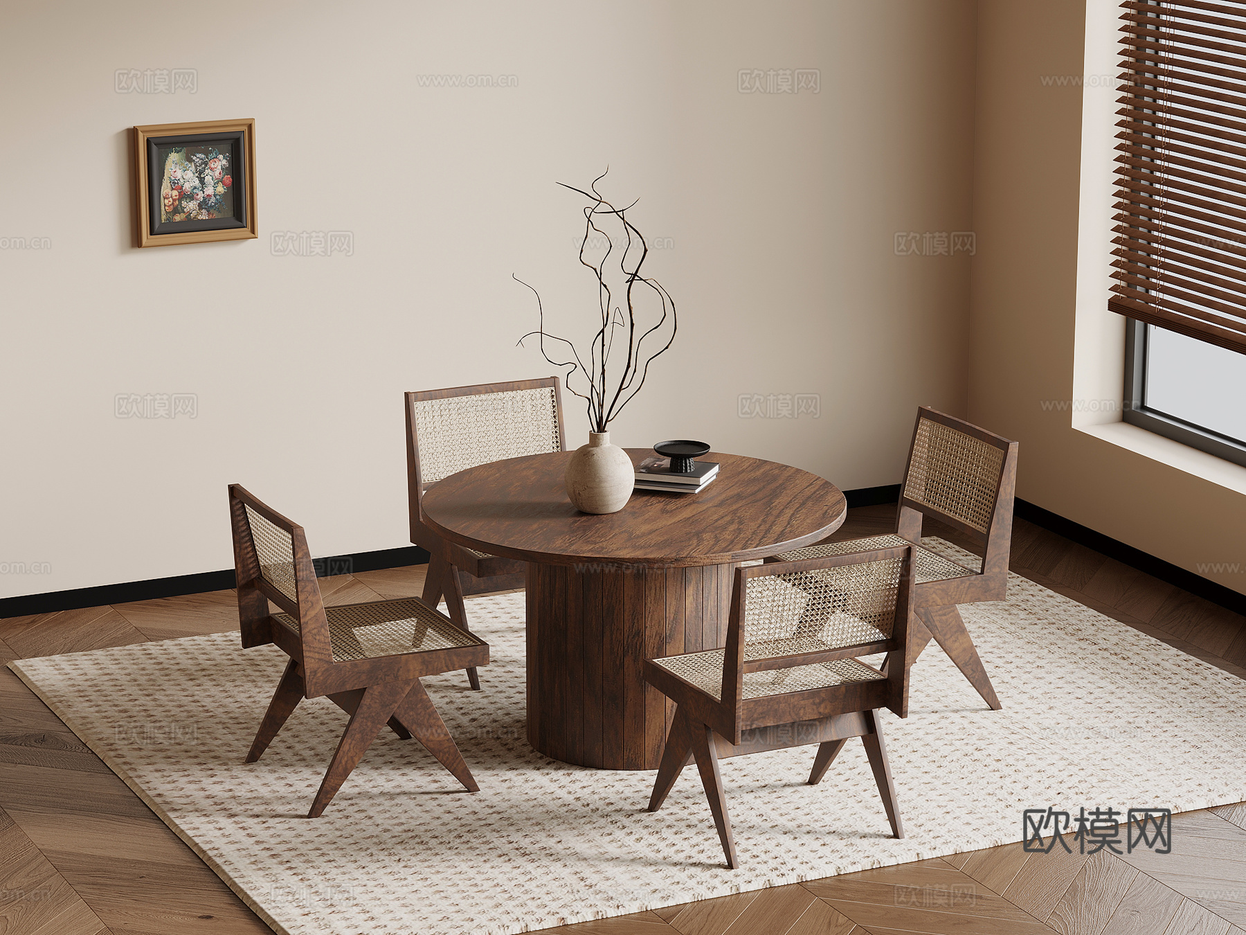 中古风餐桌椅 实木餐桌椅su模型