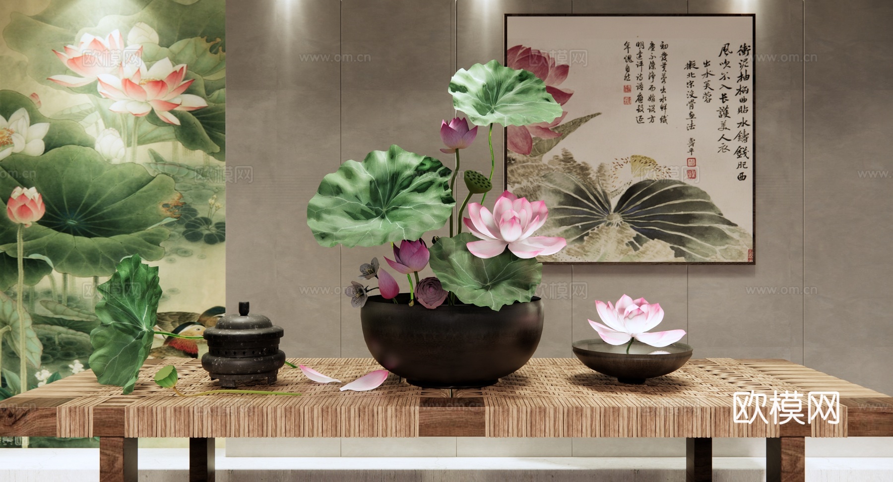 新中式 盆栽 花瓶花艺摆件 荷花插花 禅意插花 荷花 荷叶su模型