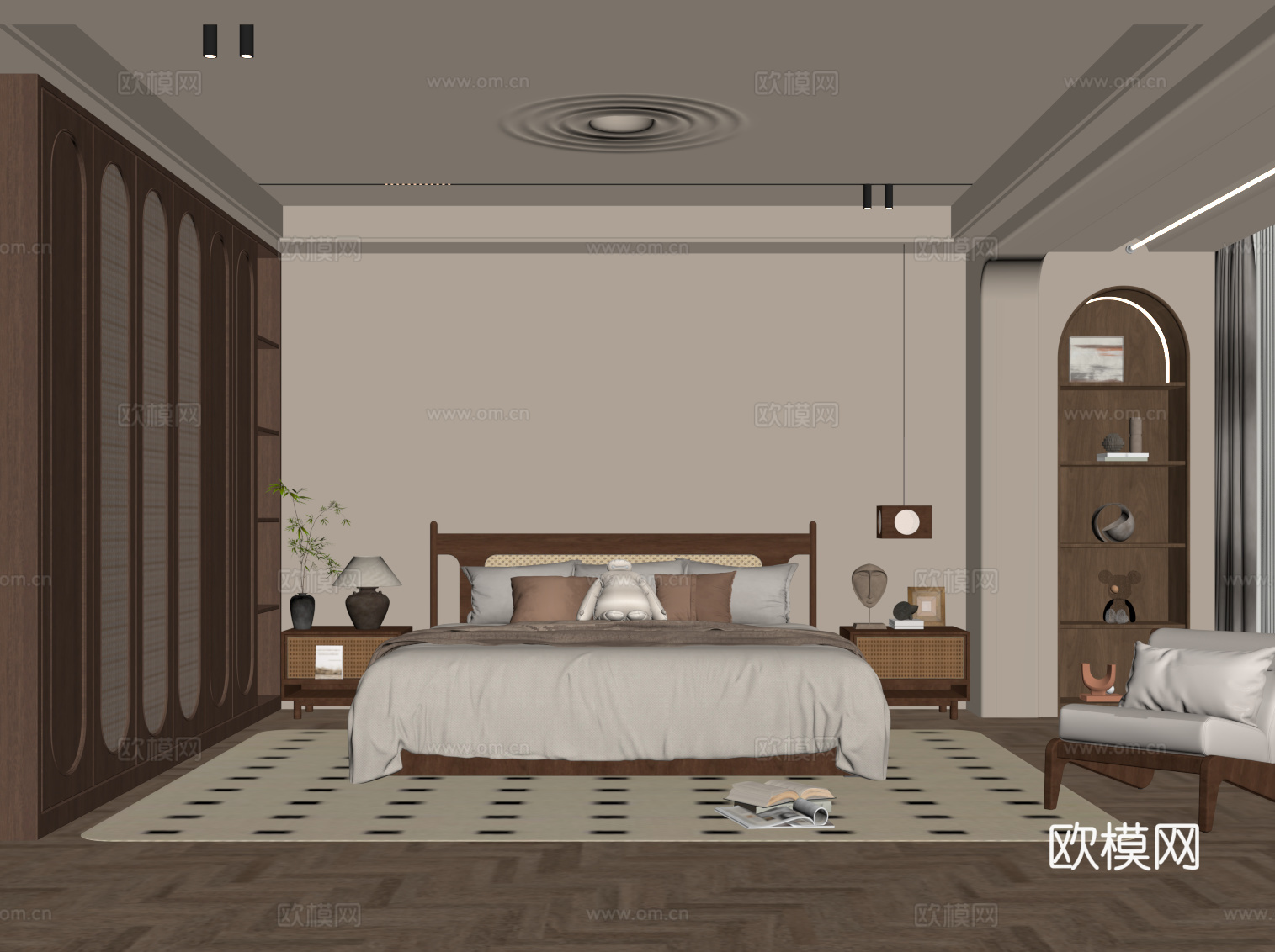 中古风卧室 主卧 双人床 床头柜 衣柜su模型