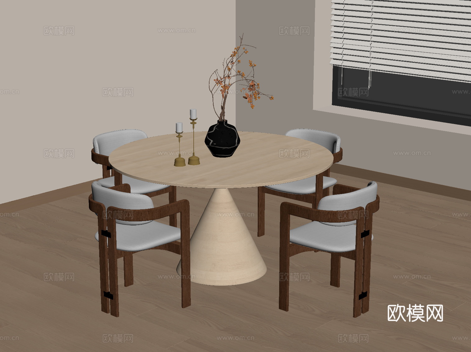 中古风餐桌椅 圆形餐桌su模型