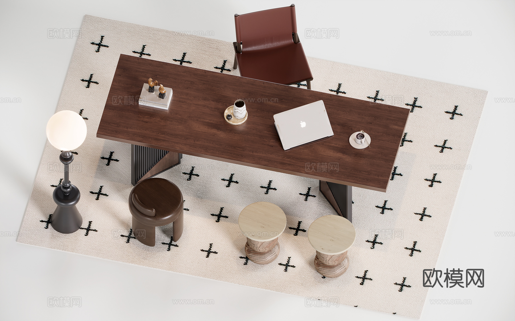 现代中古风书桌su模型