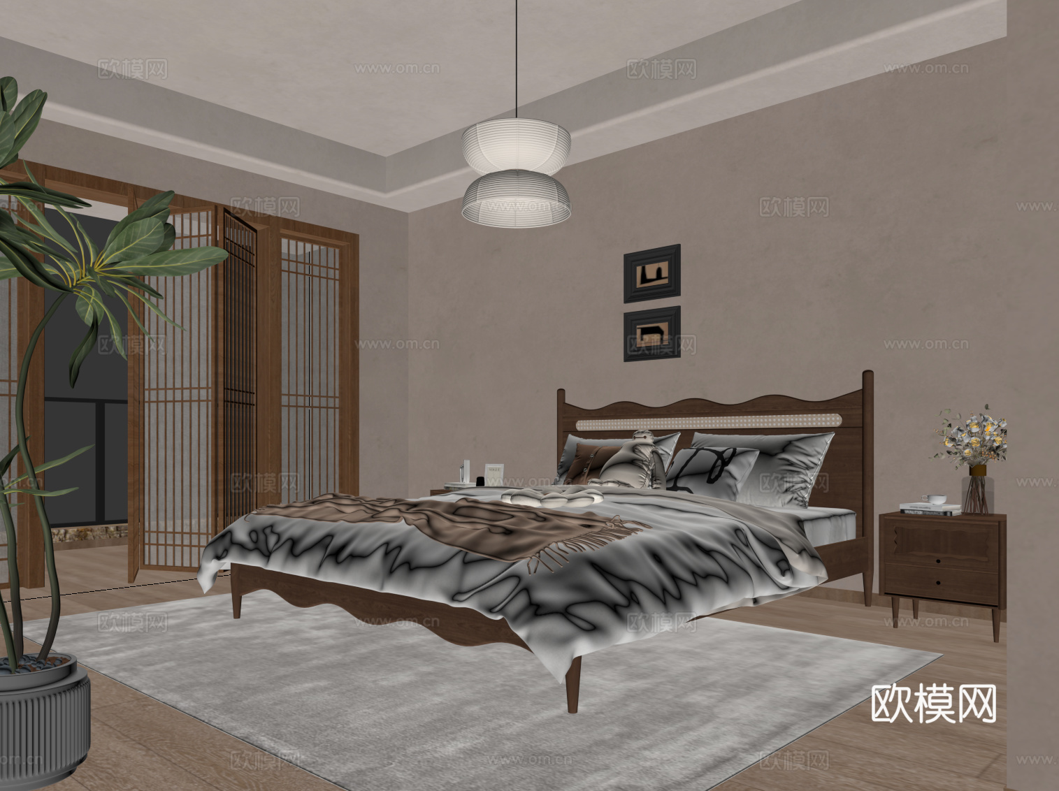 中古风卧室 双人床 床头柜su模型