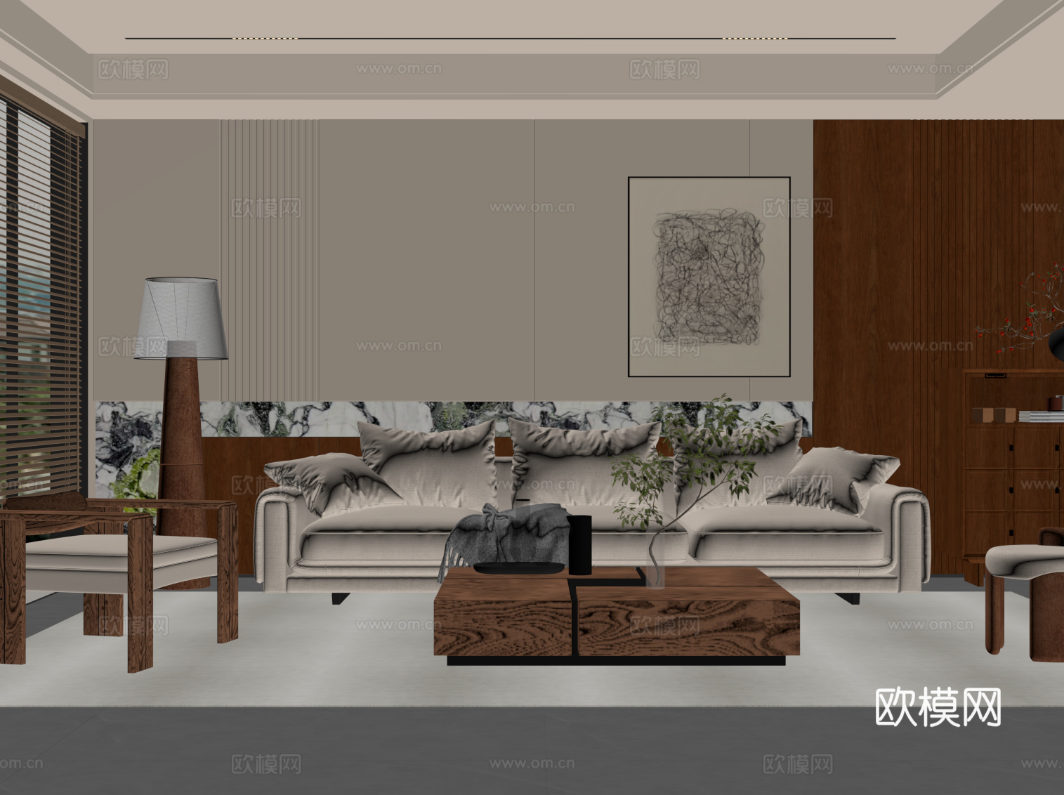 中古风客厅 沙发背景墙 沙发茶几组合su模型