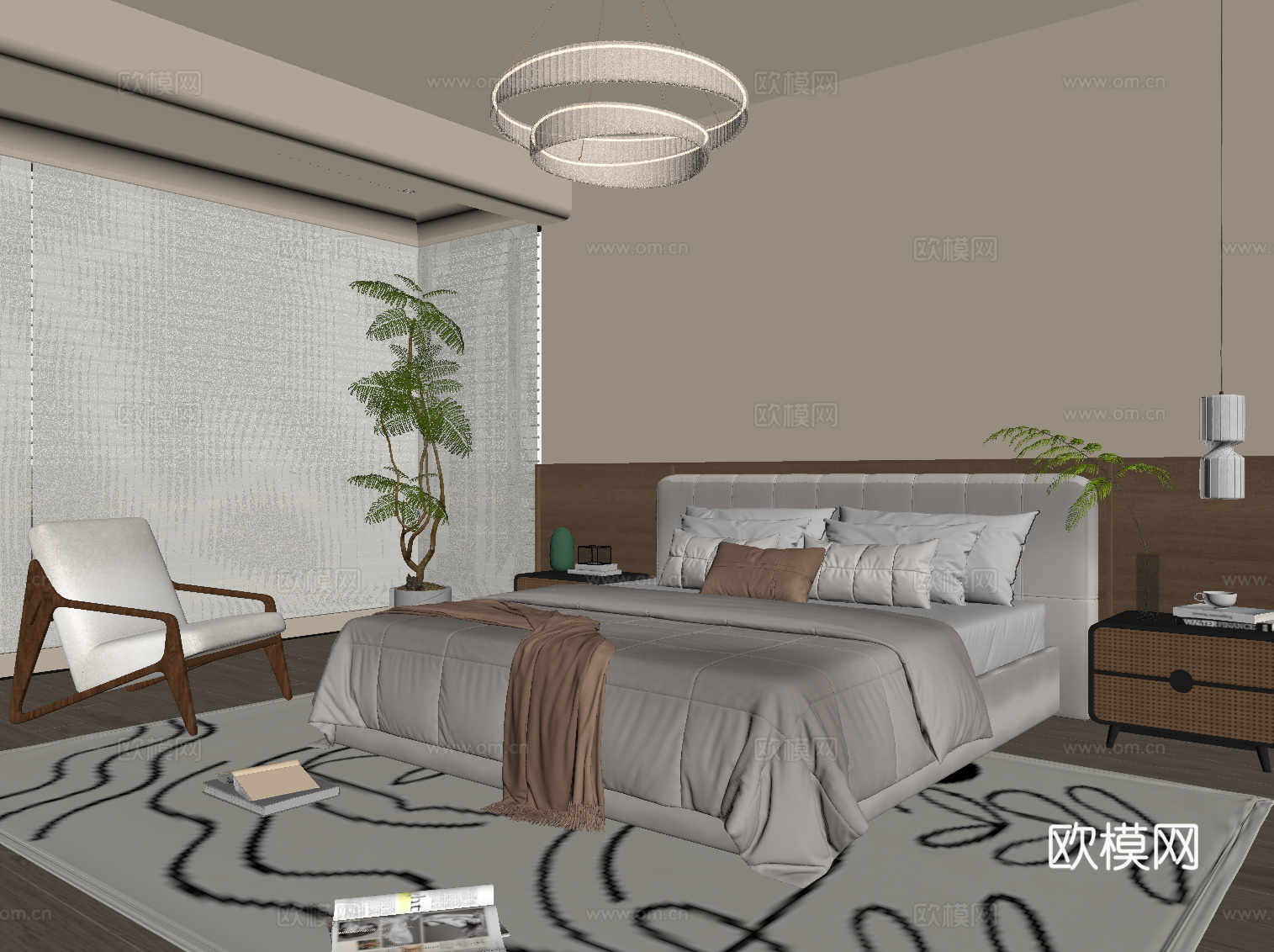 中古风卧室 双人床 床头柜 休闲椅su模型