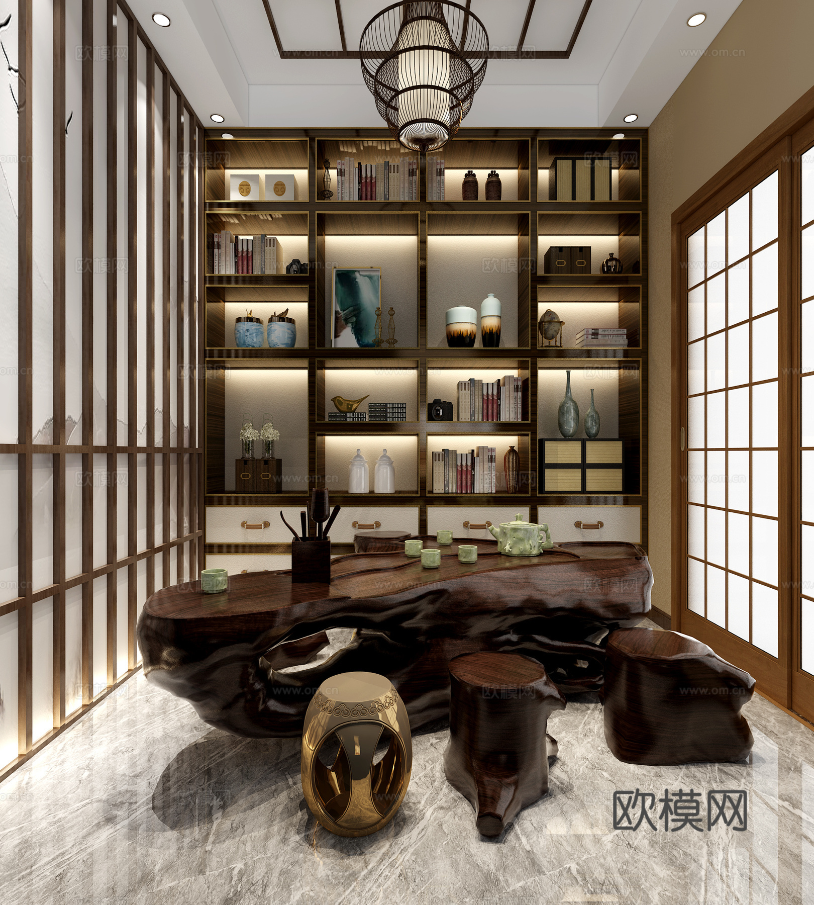 新中式茶室 装饰柜 茶桌 背景墙 吊灯3d模型下载